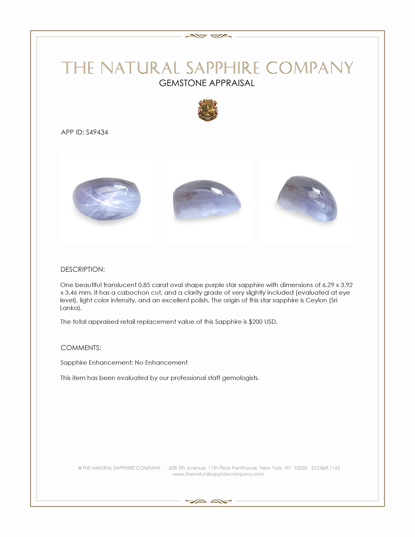 0.85 Ct. Purple Cabochon Star Sapphire from Ceylon (Sri Lanka)
