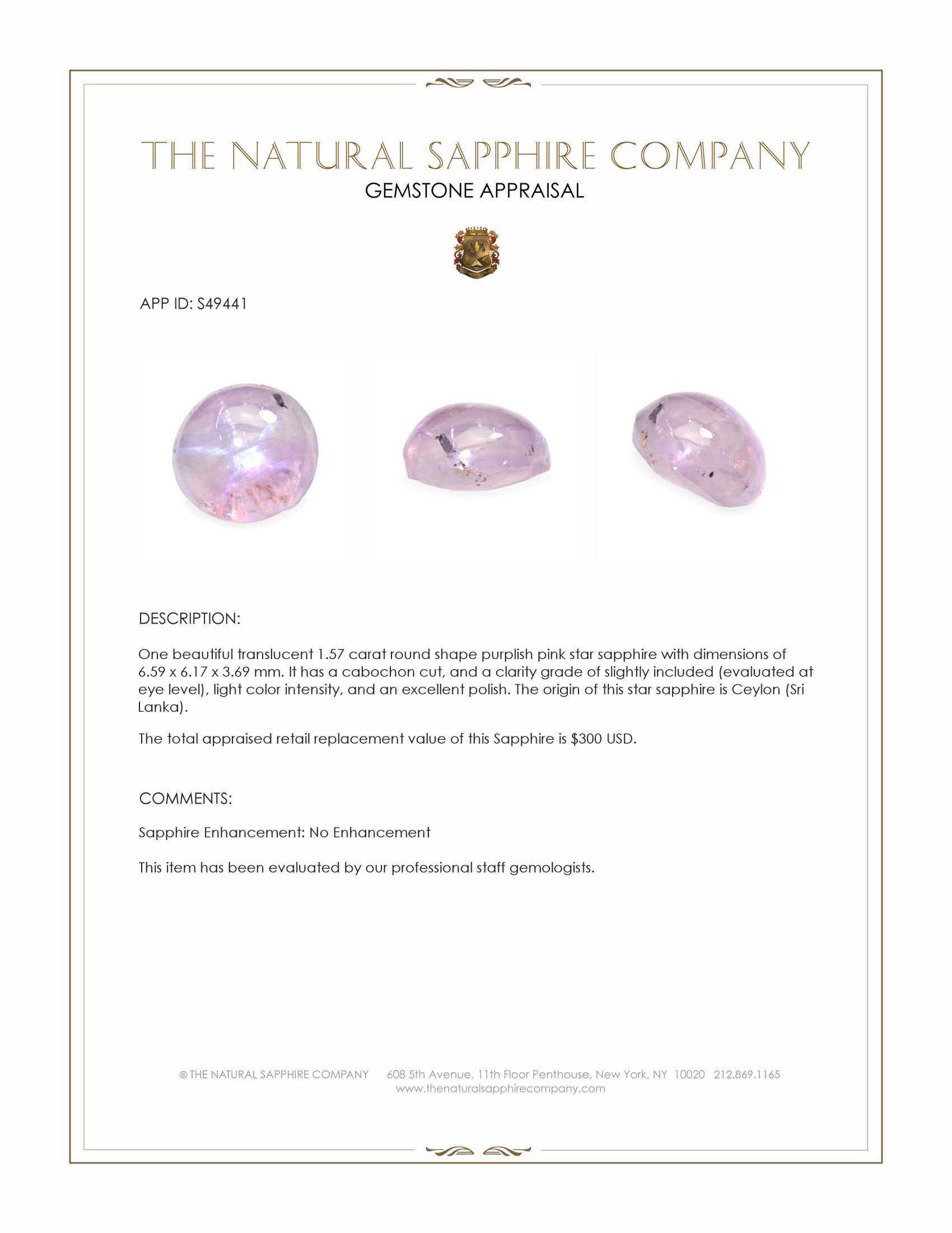 1.57 Ct. Purplish Pink Cabochon Star Sapphire from Ceylon (Sri Lanka)