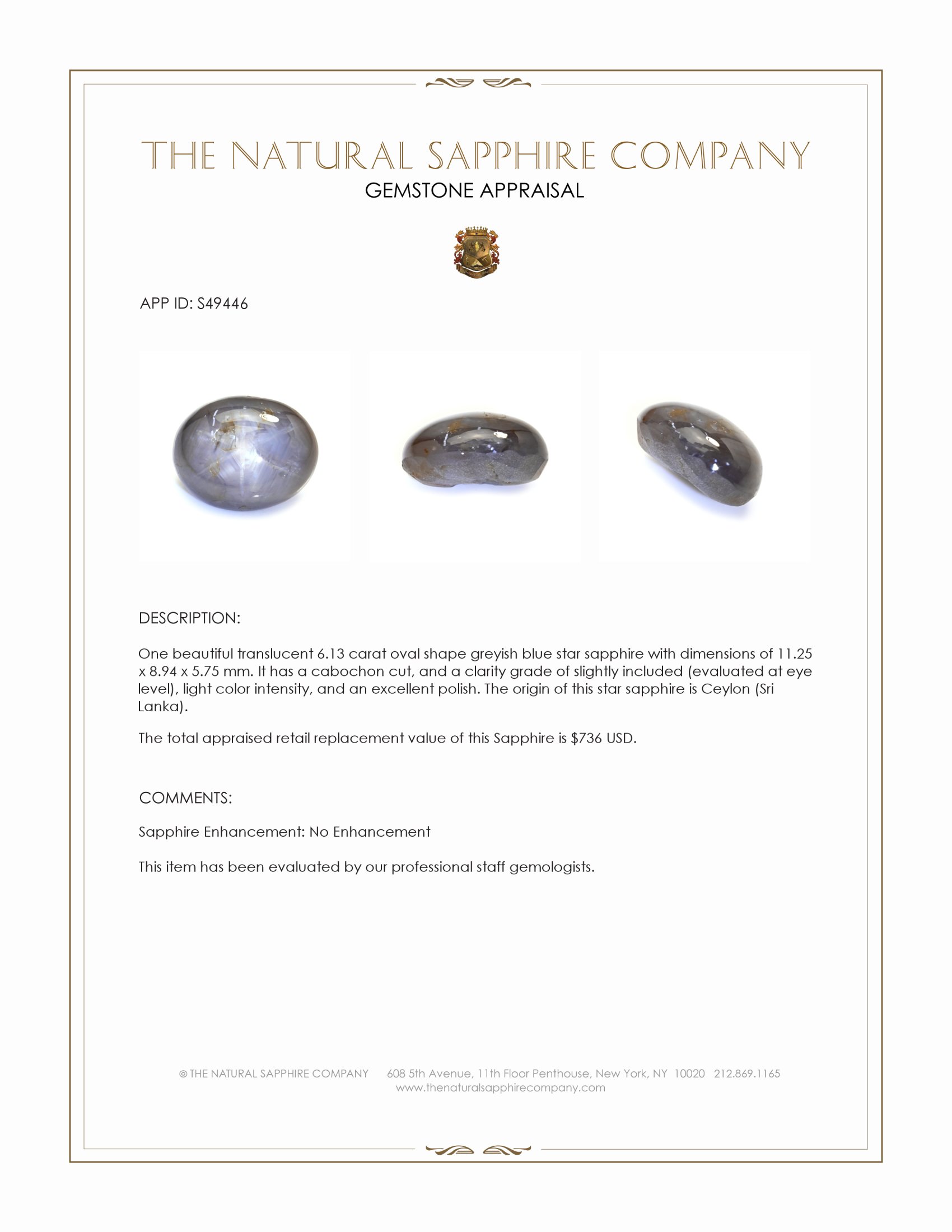 6.13 Ct. Greyish Blue Cabochon Star Sapphire from Ceylon (Sri Lanka)