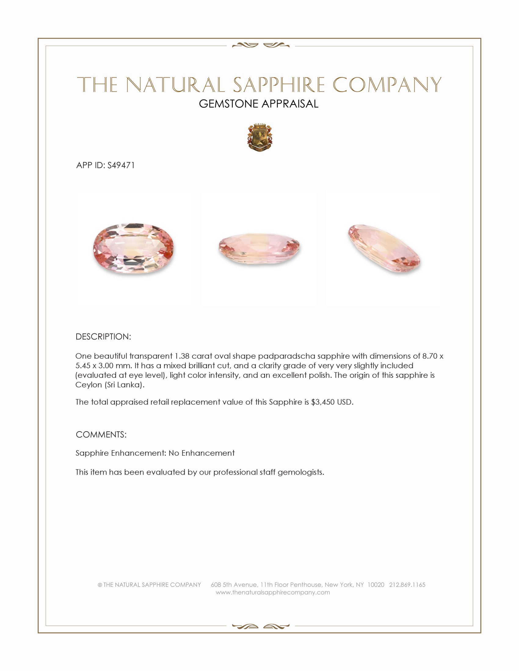 1.38 Ct. Padparadscha Sapphire from Ceylon (Sri Lanka)