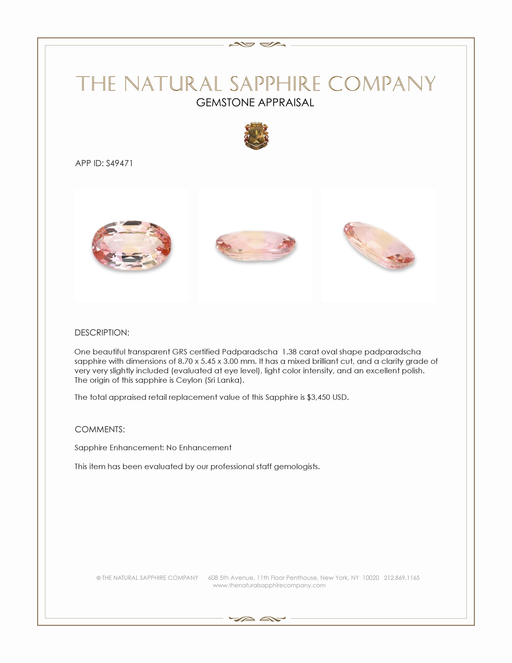 1.38 Ct. Padparadscha Sapphire from Ceylon (Sri Lanka)
