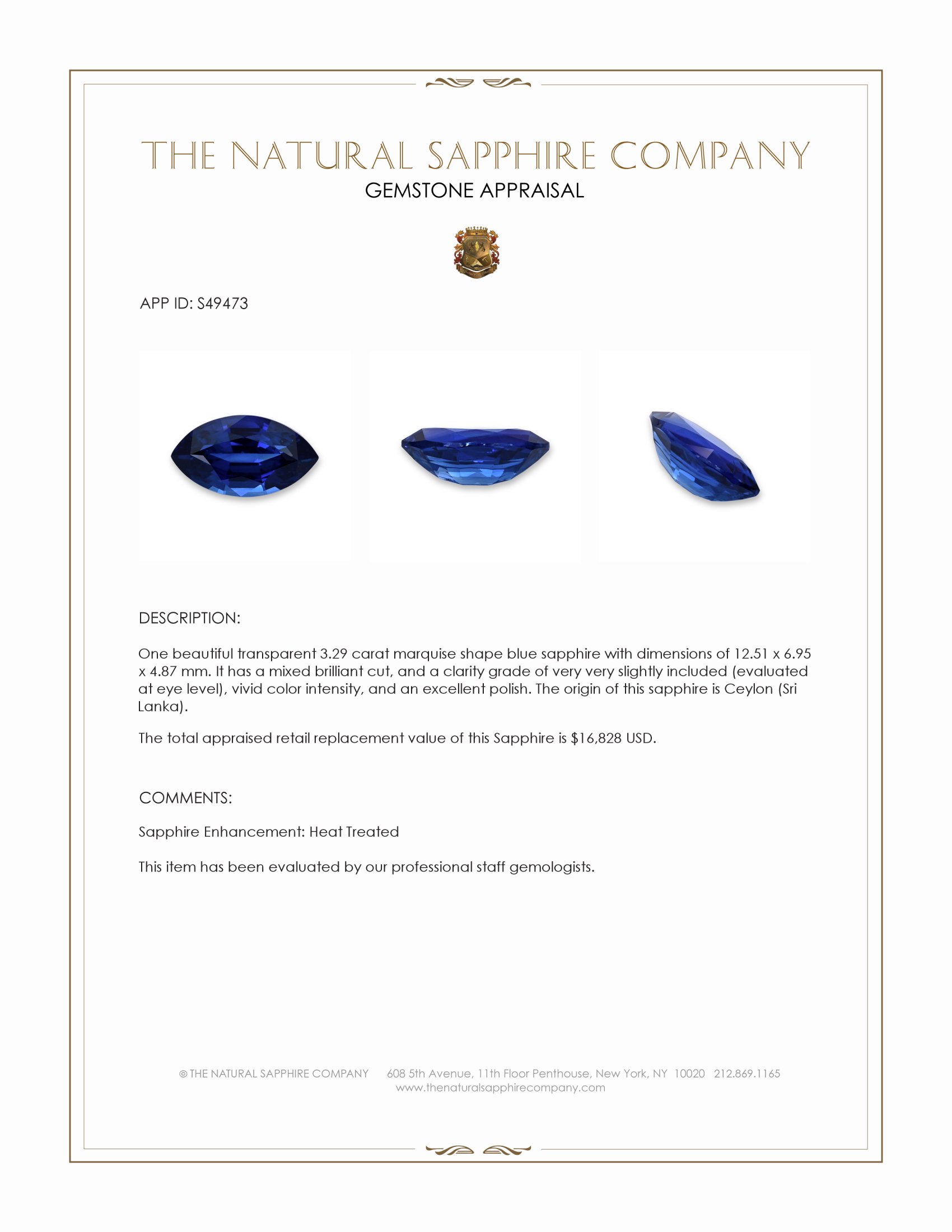 3.29 Ct. Blue Sapphire from Ceylon (Sri Lanka)