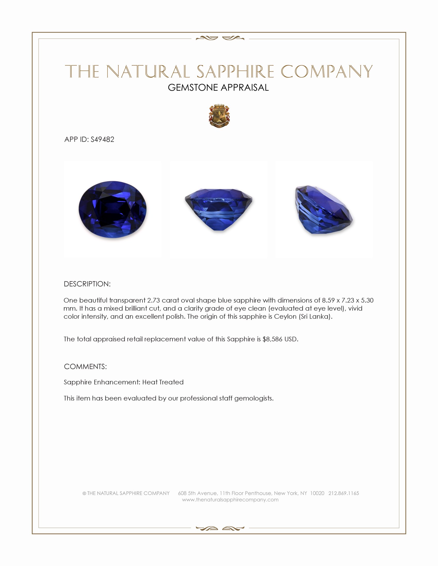 2.73 Ct. Blue Sapphire from Ceylon (Sri Lanka)