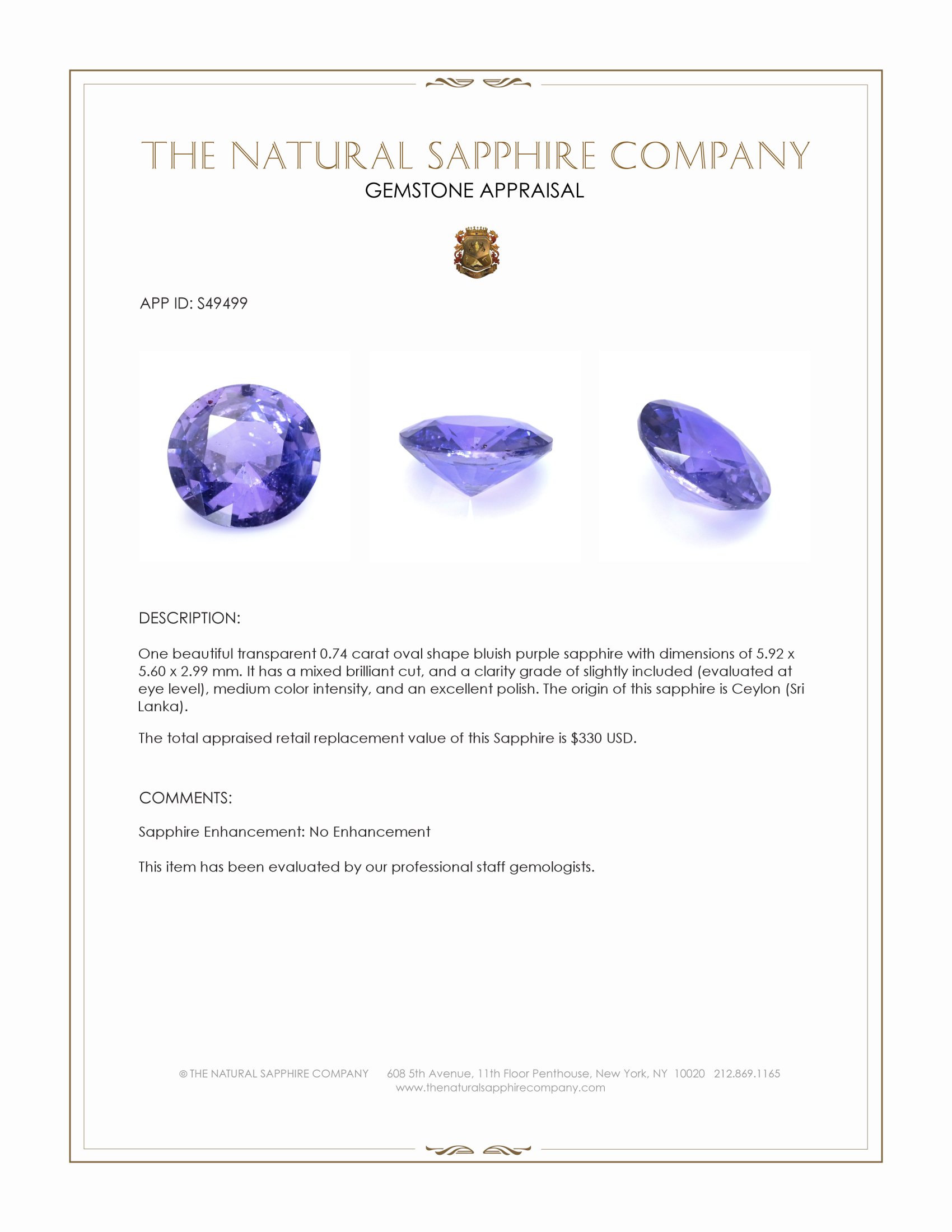 0.74 Ct. Bluish Purple Sapphire from Ceylon (Sri Lanka)