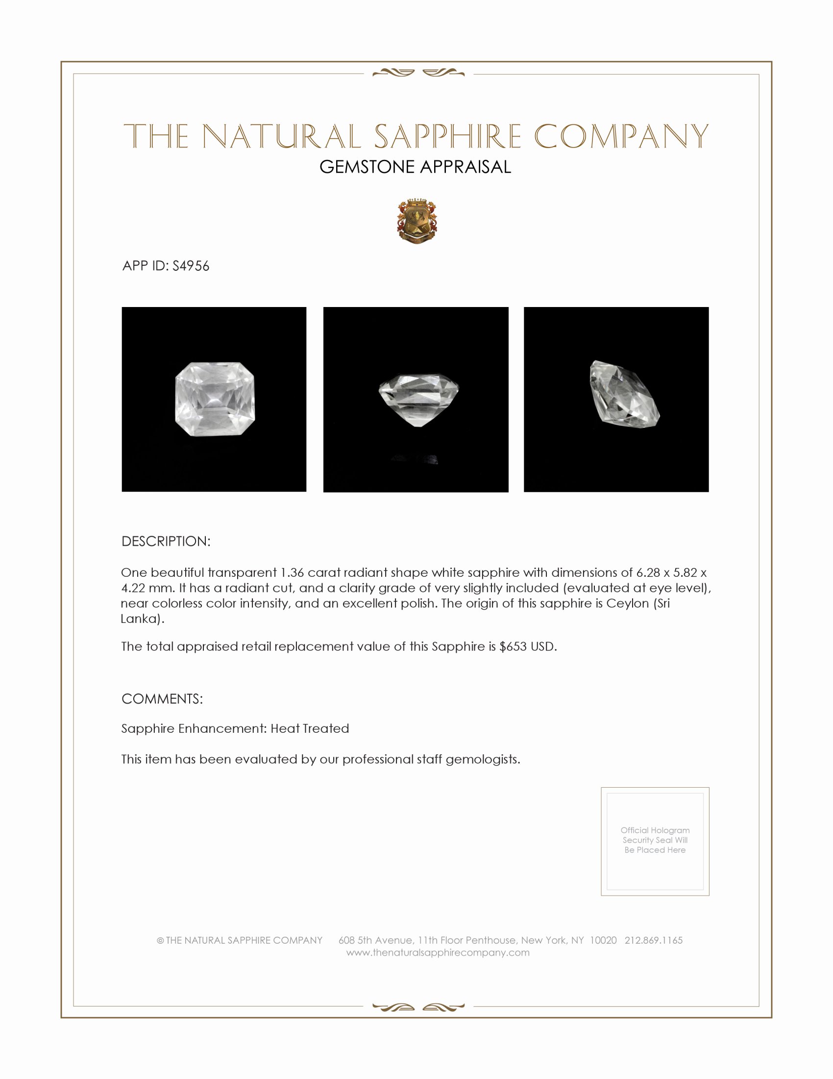 1.36 Ct. White Sapphire from Ceylon (Sri Lanka)