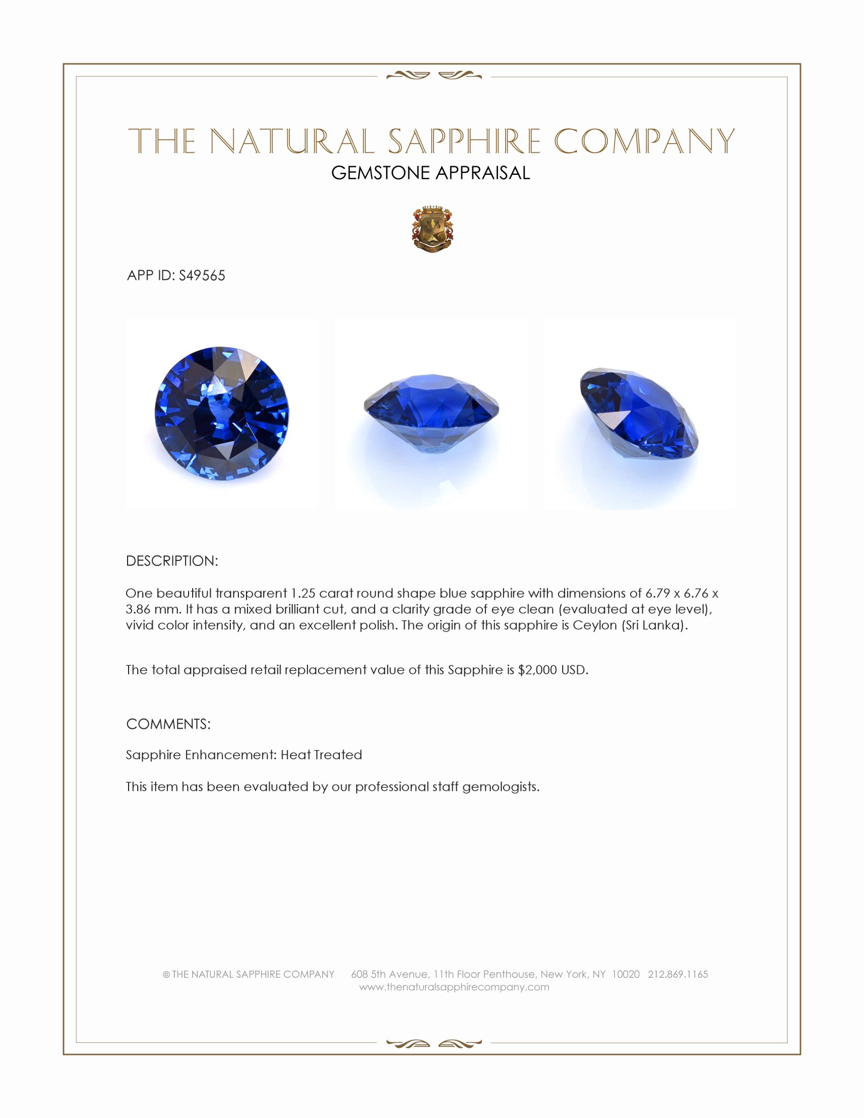1.25 Ct. Blue Sapphire from Ceylon (Sri Lanka)