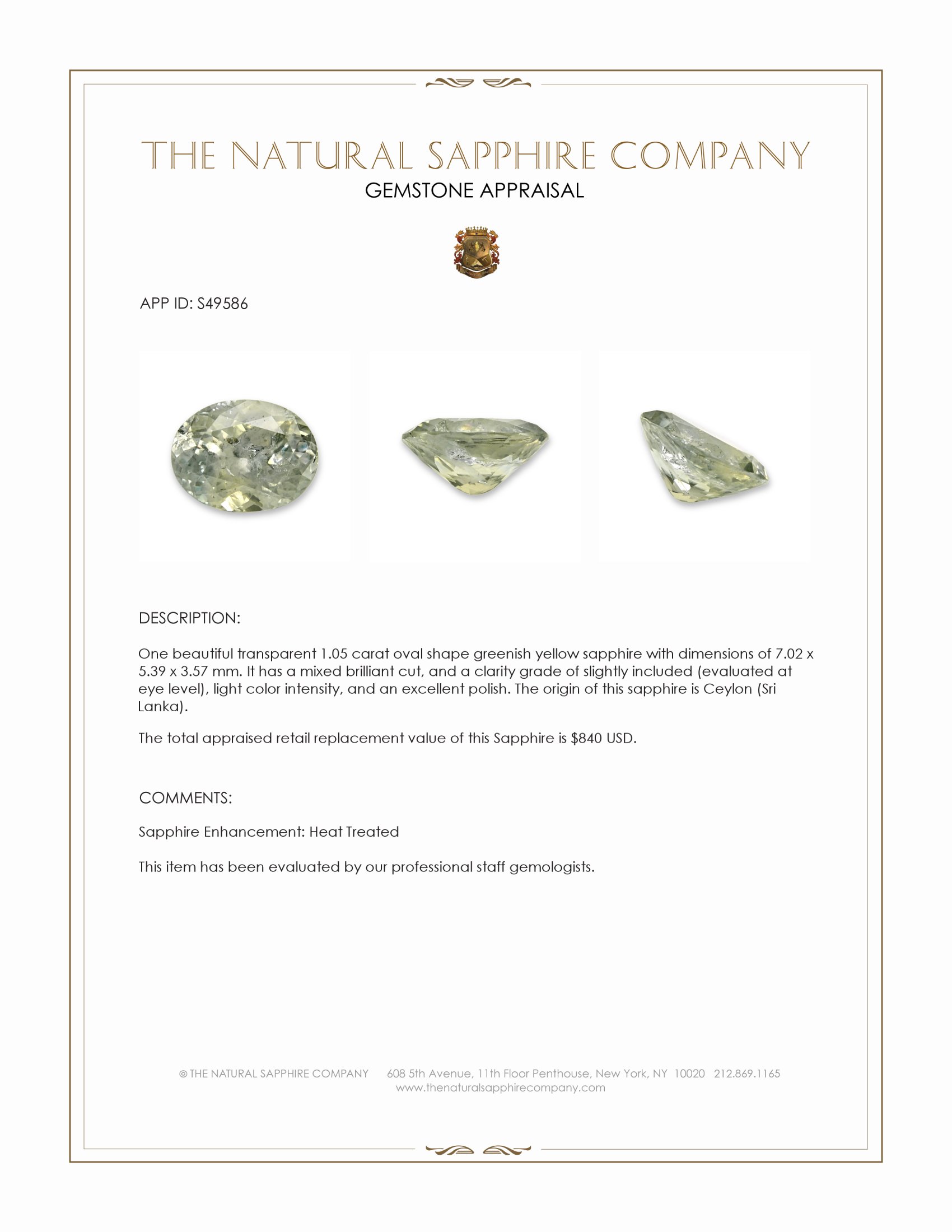 1.05 Ct. Greenish Yellow Sapphire from Ceylon (Sri Lanka)