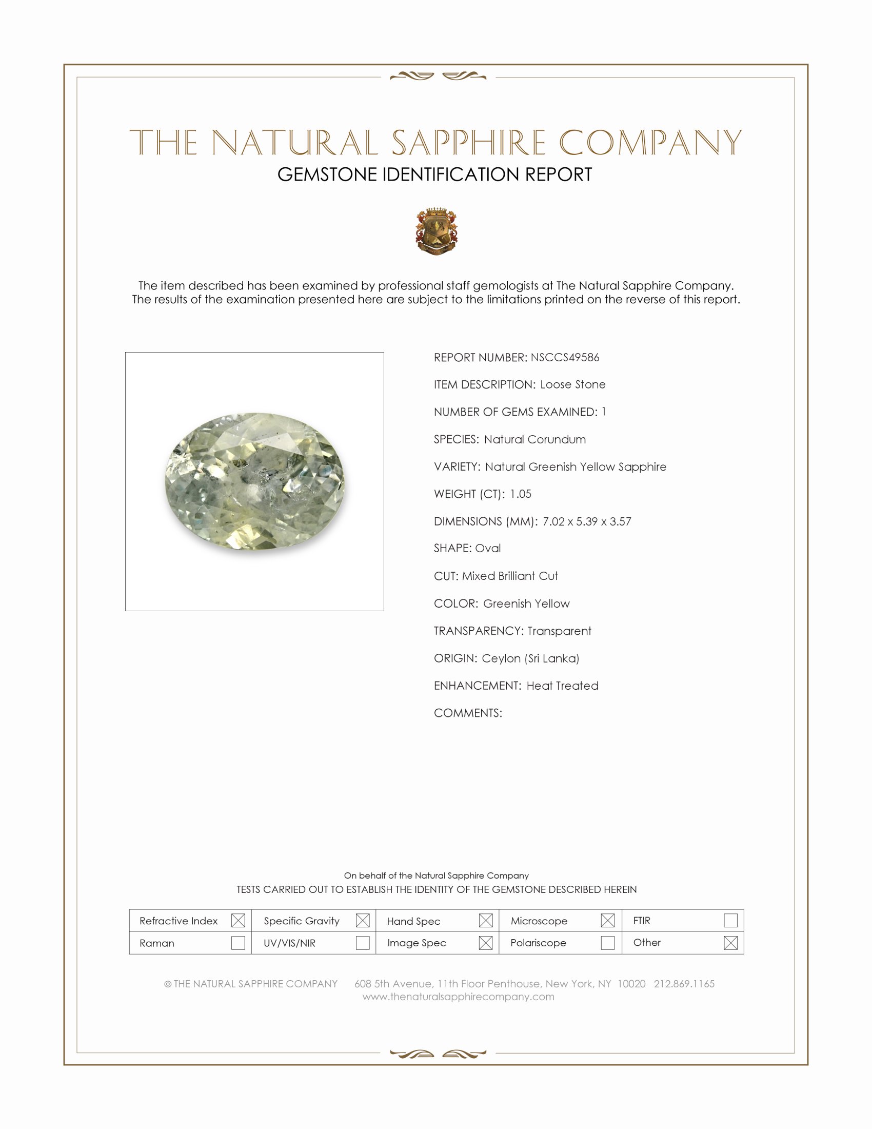 1.05 Ct. Greenish Yellow Sapphire from Ceylon (Sri Lanka)