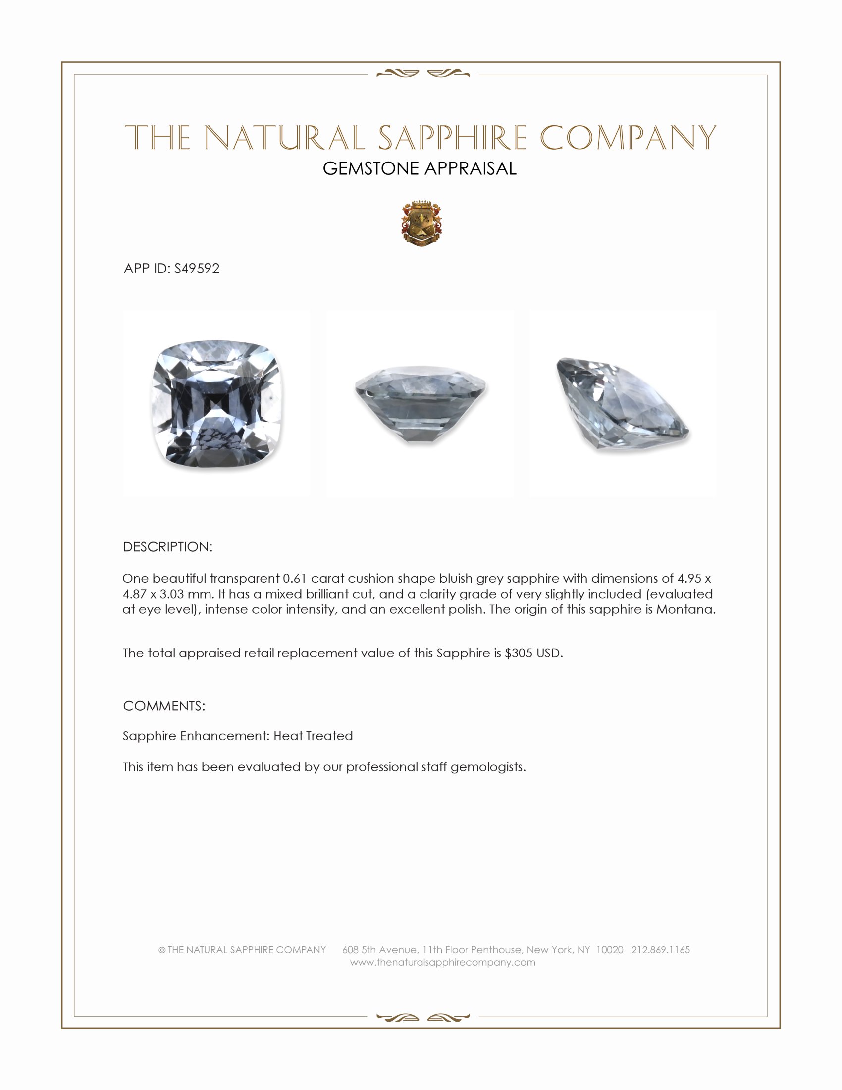 0.61 Ct. Bluish Grey Sapphire from Montana