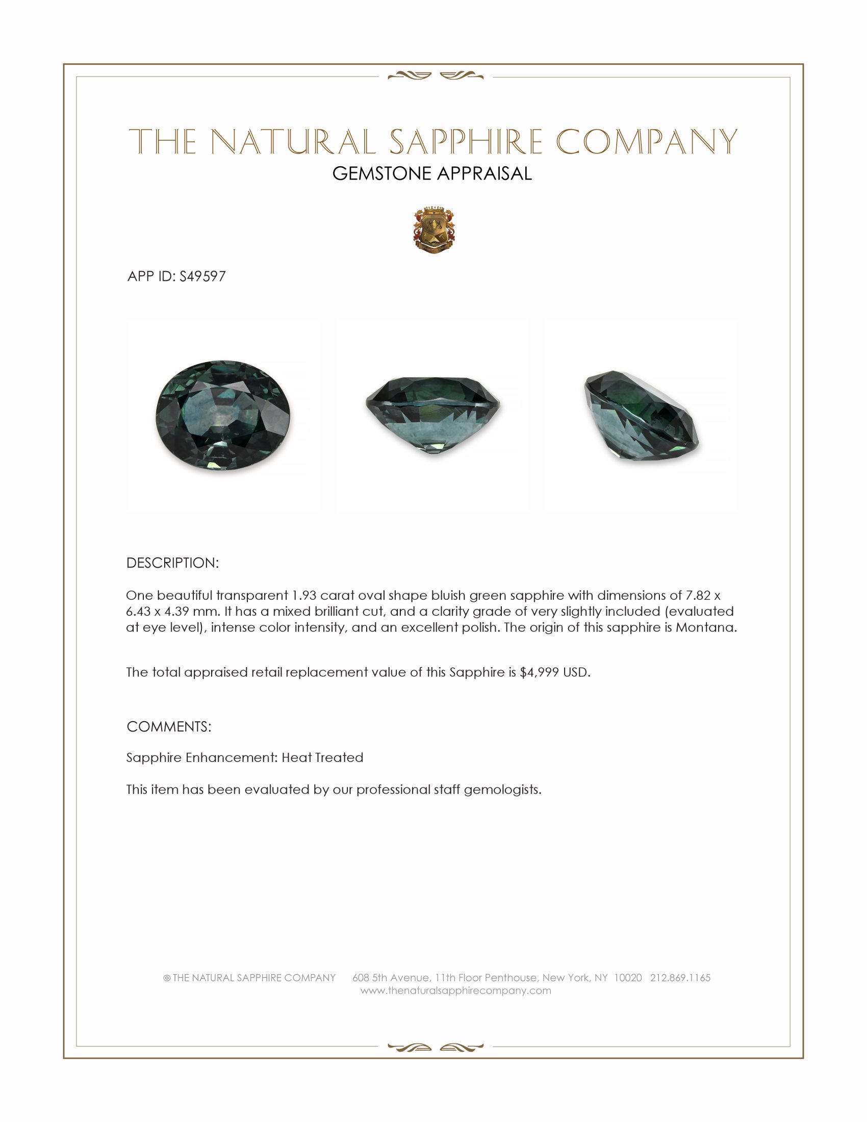 1.93 Ct. Bluish Green Sapphire from Montana