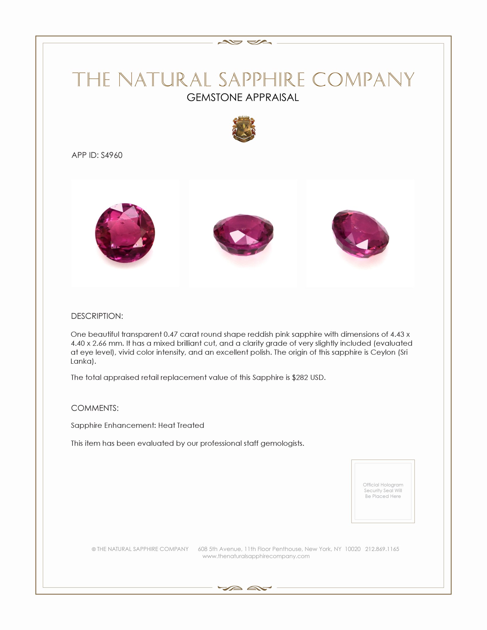 0.47 Ct. Reddish Pink Sapphire from Ceylon (Sri Lanka)