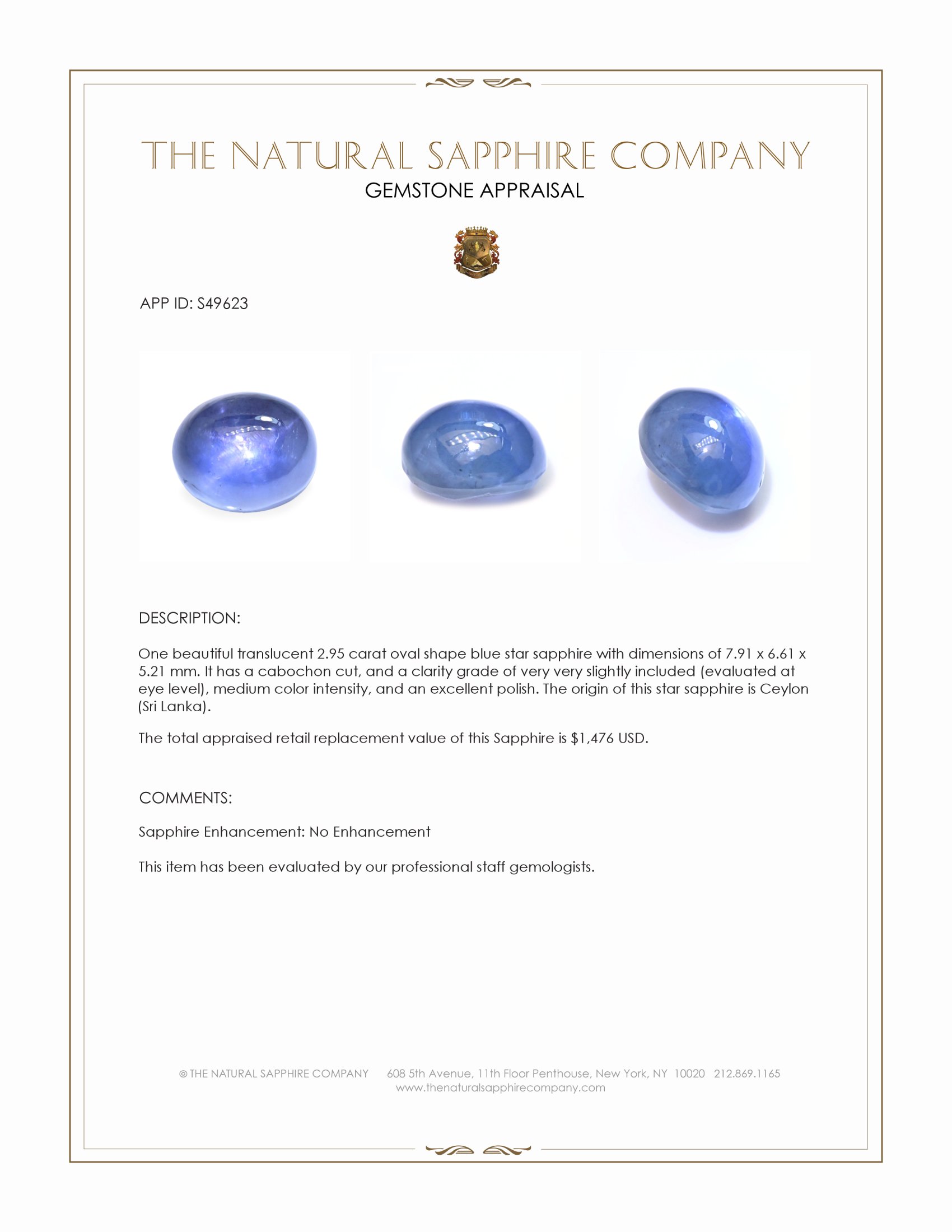 2.95 Ct. Blue Cabochon Star Sapphire from Ceylon (Sri Lanka)
