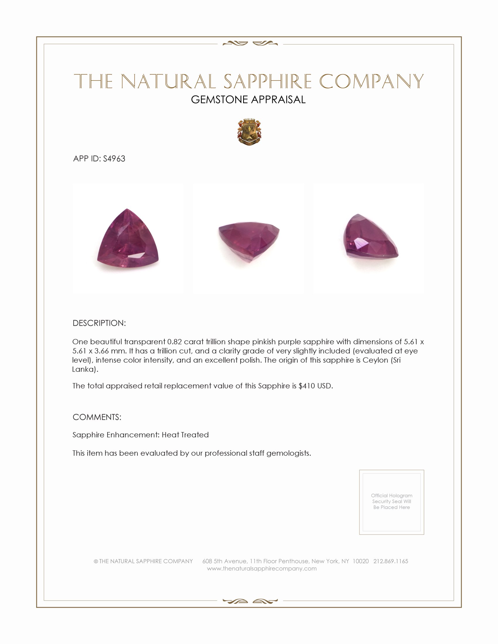 0.82 Ct. Pinkish Purple Sapphire from Ceylon (Sri Lanka)