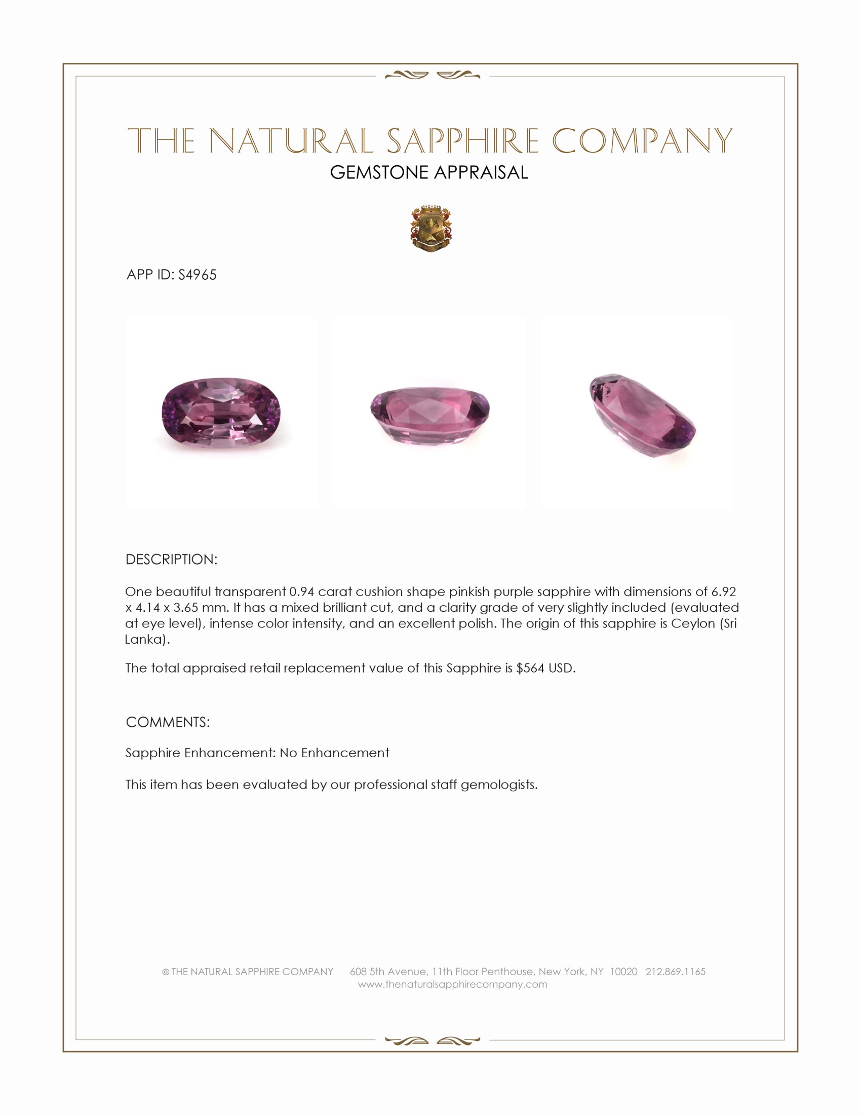 0.94 Ct. Pinkish Purple Sapphire from Ceylon (Sri Lanka)