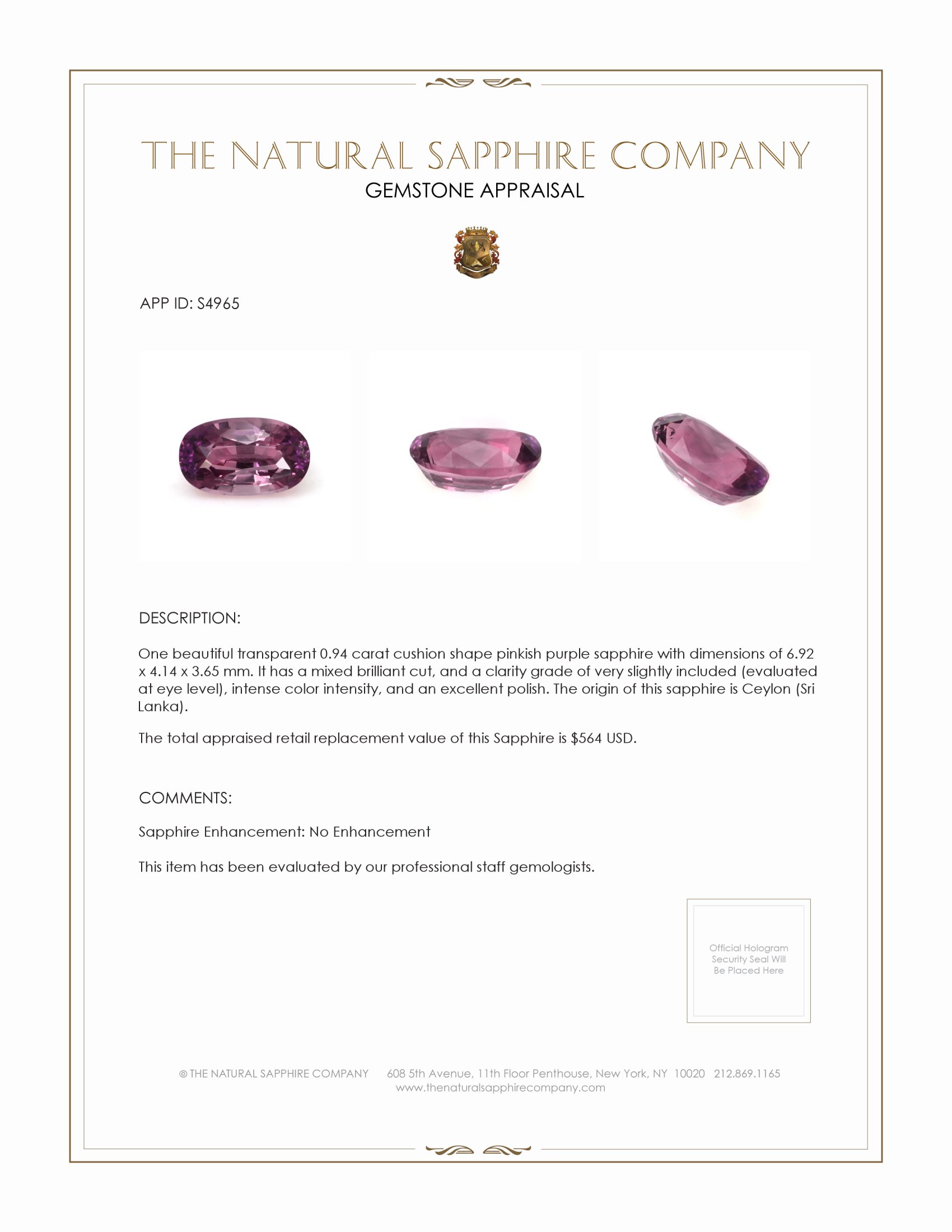 0.94 Ct. Pinkish Purple Sapphire from Ceylon (Sri Lanka)