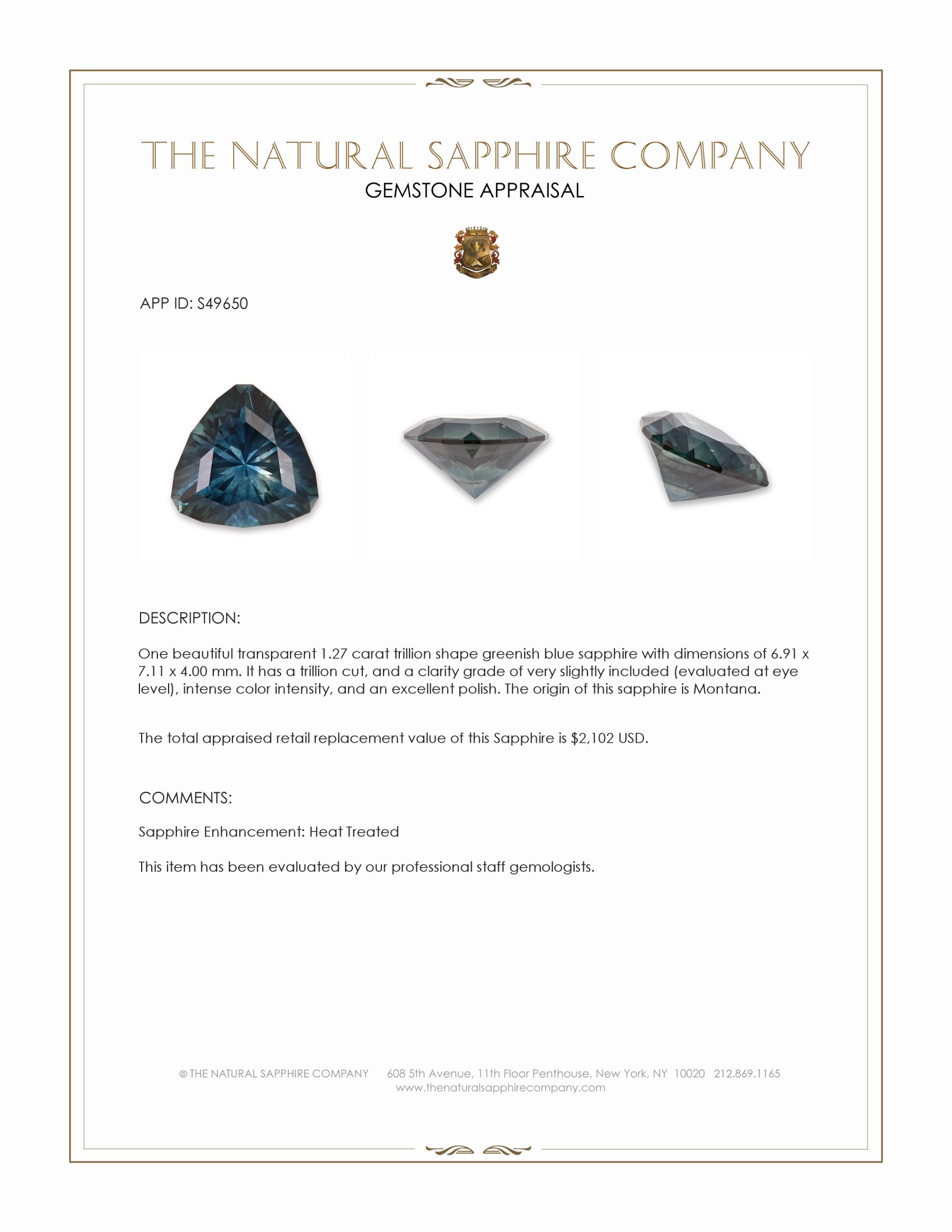 1.27 Ct. Greenish Blue Sapphire from Montana