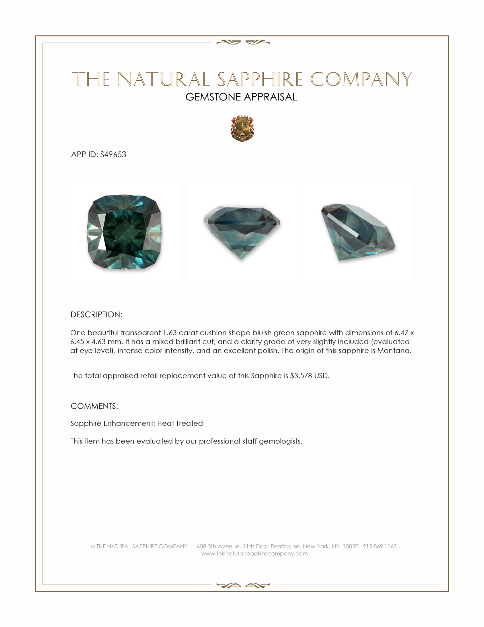 1.63 Ct. Bluish Green Sapphire from Montana
