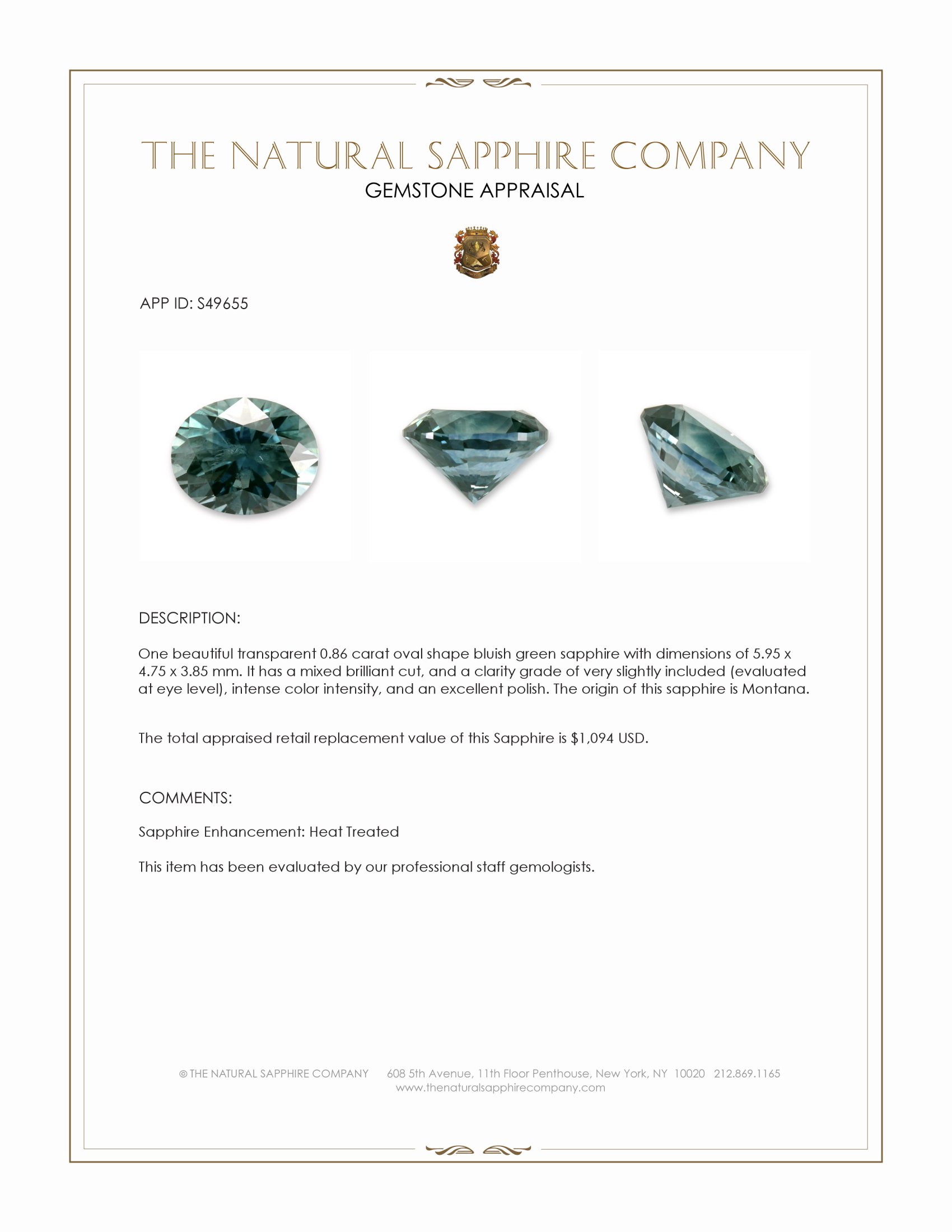 0.86 Ct. Bluish Green Sapphire from Montana