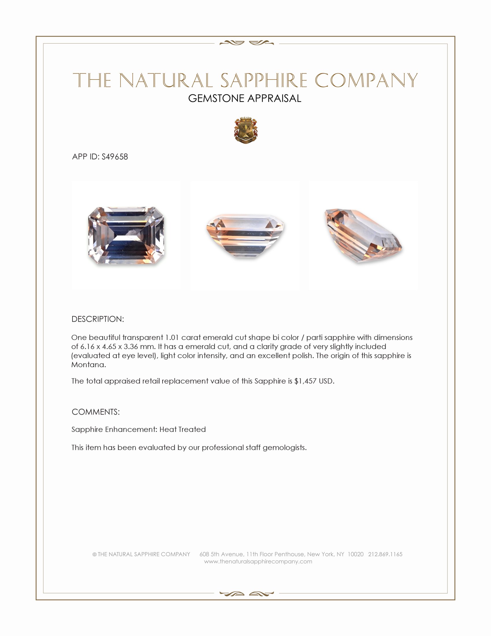 1.01 Ct. Bi Color / Parti Sapphire from Montana