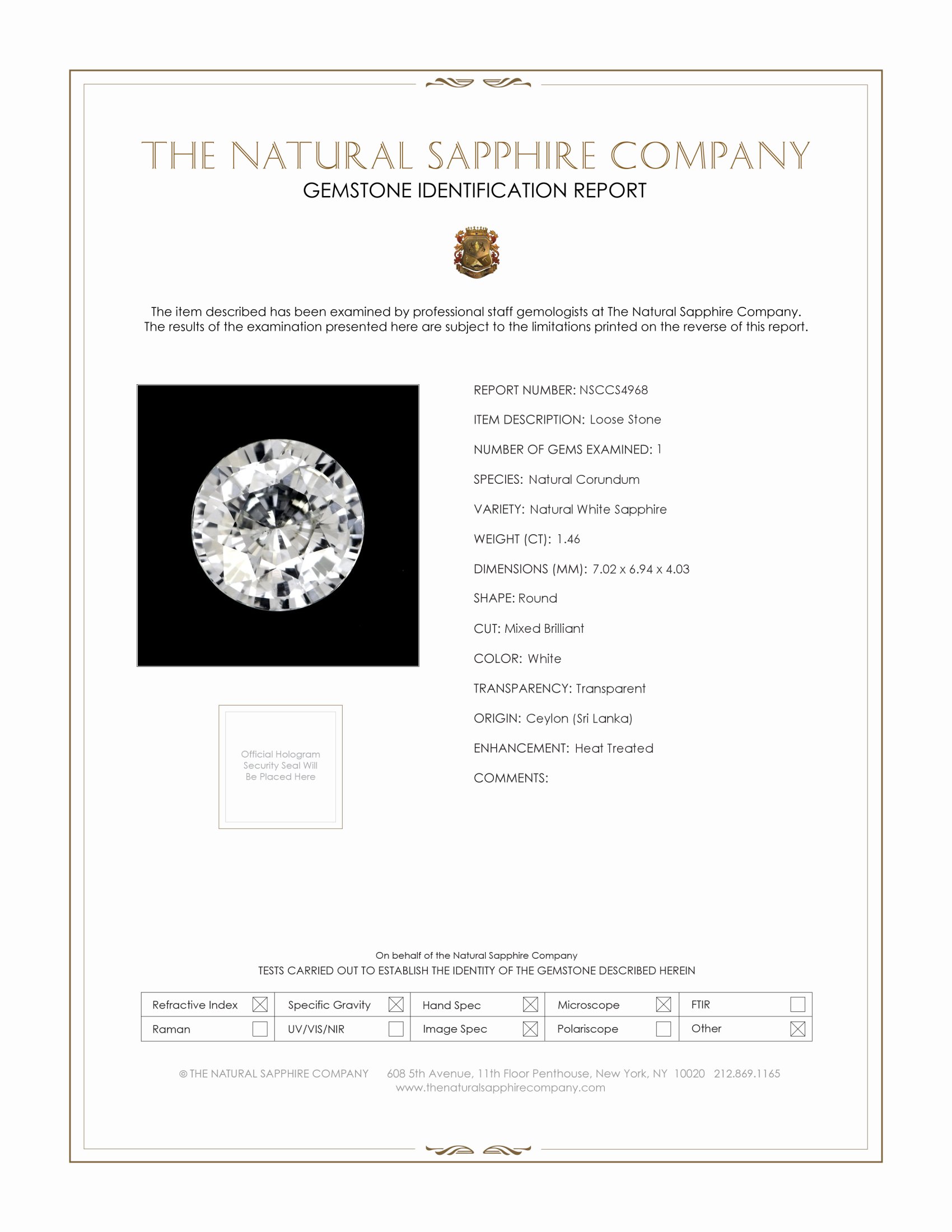 1.46 Ct. White Sapphire from Ceylon (Sri Lanka)