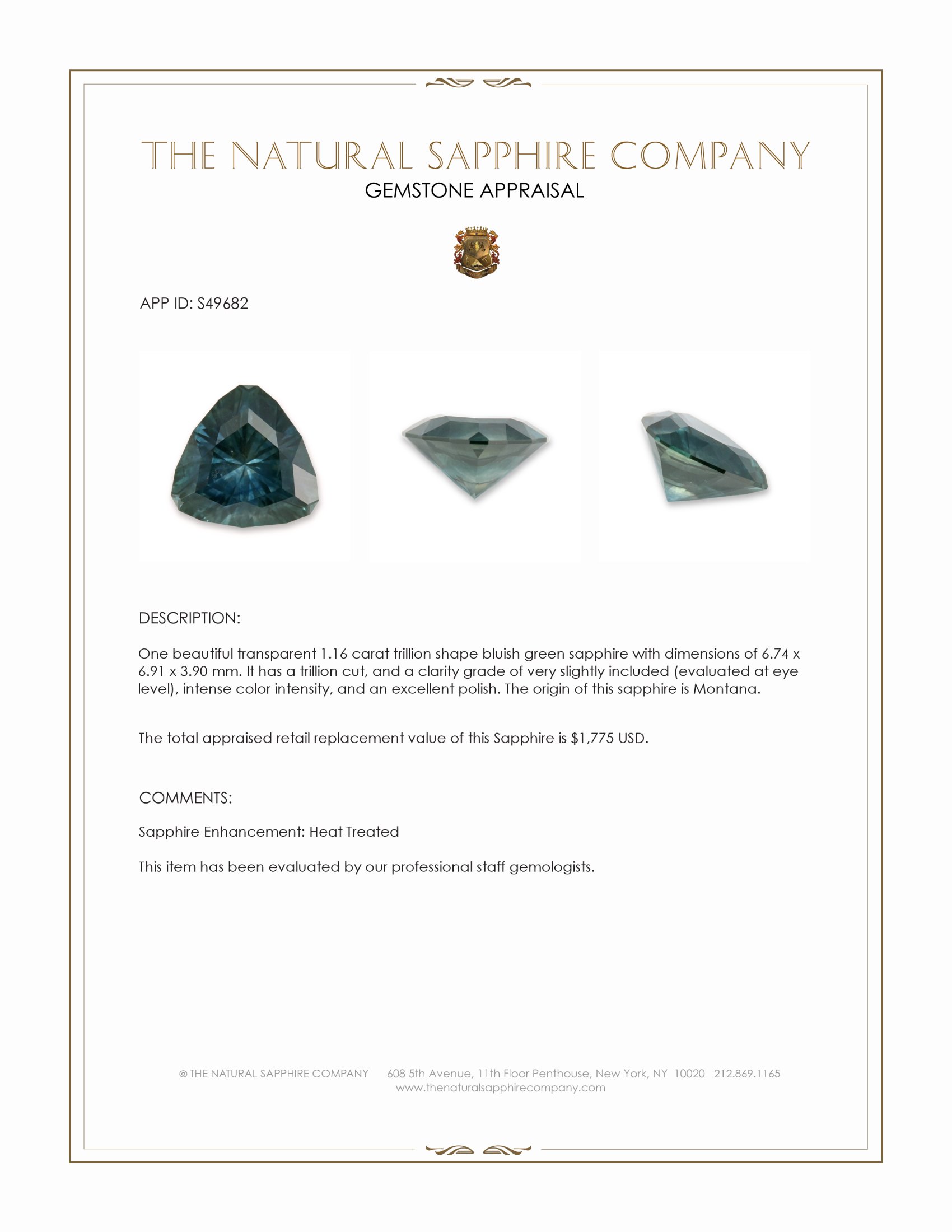 1.16 Ct. Bluish Green Sapphire from Montana