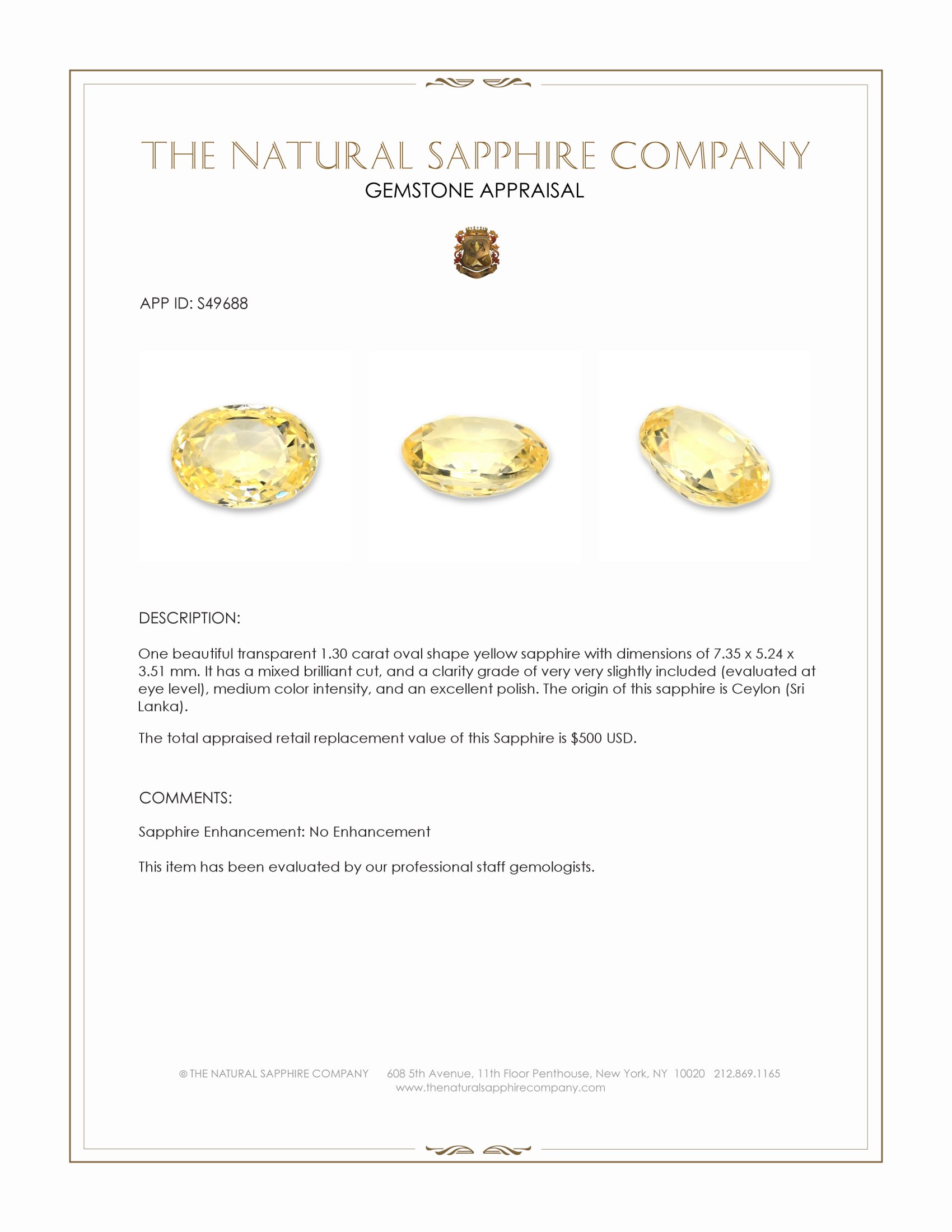 1.30 Ct. Yellow Sapphire from Ceylon (Sri Lanka)