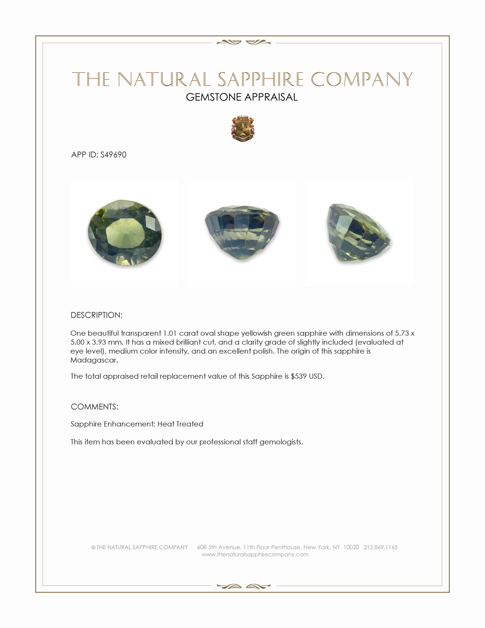 1.01 Ct. Yellowish Green Sapphire from Madagascar