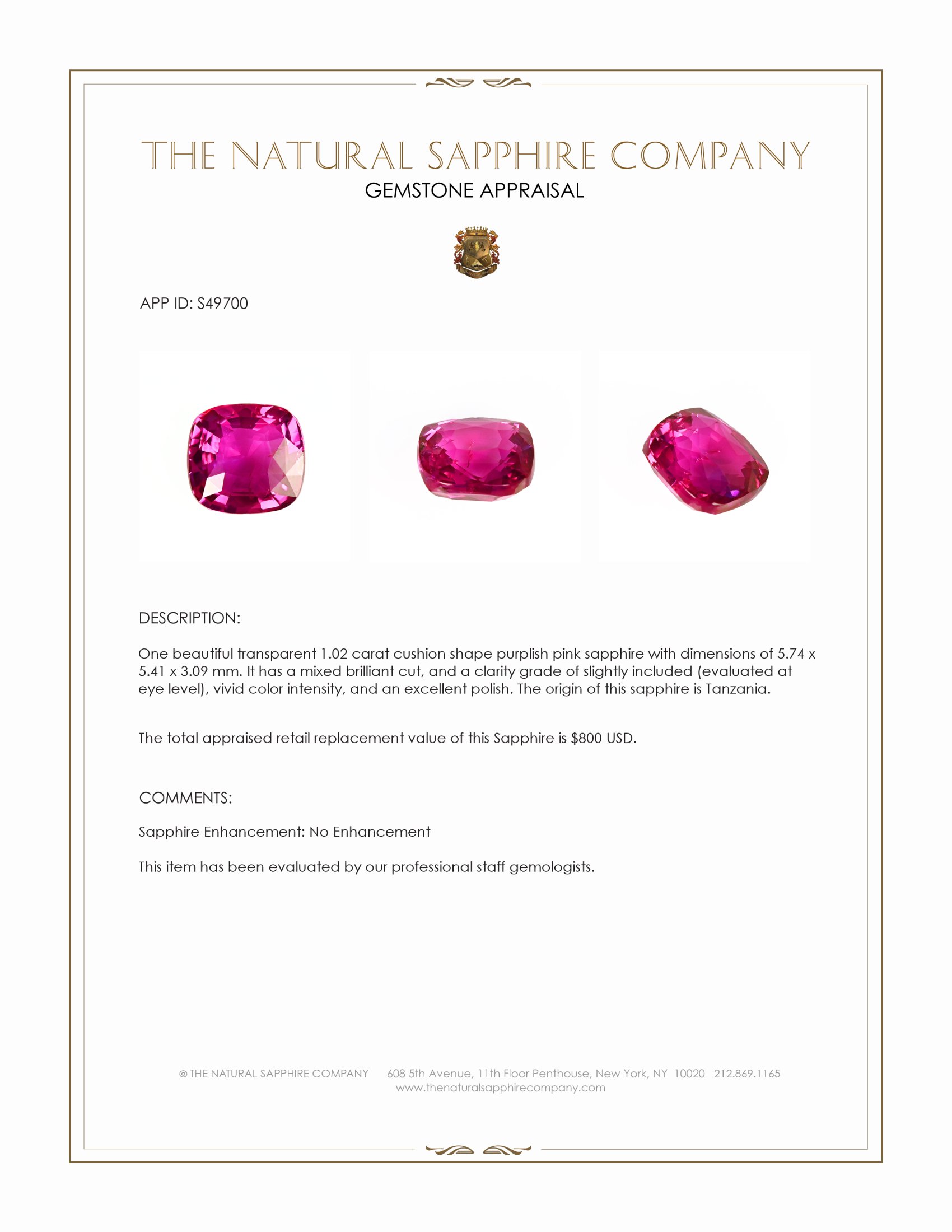 1.02 Ct. Purplish Pink Sapphire from Tanzania