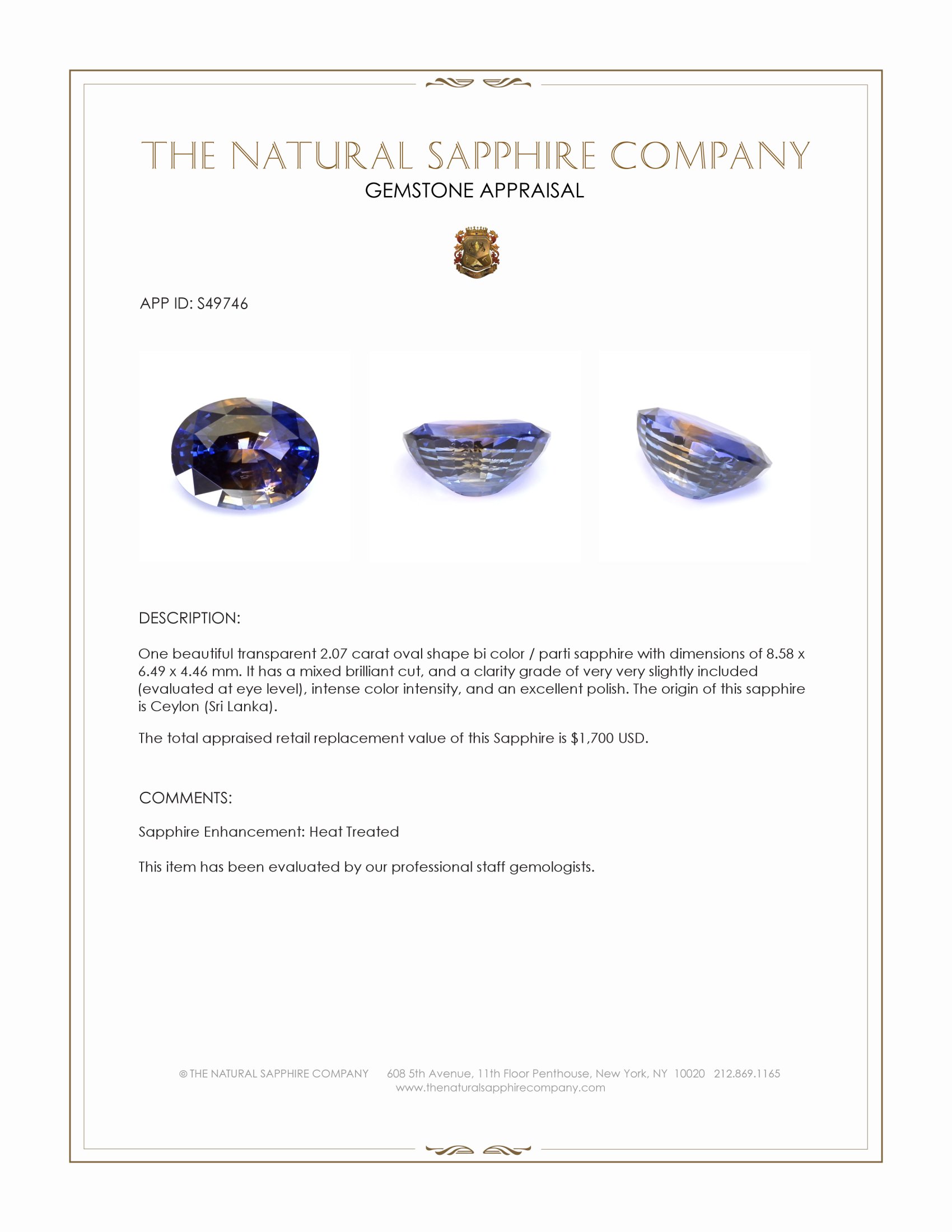 2.07 Ct. Bi Color / Parti Sapphire from Ceylon (Sri Lanka)