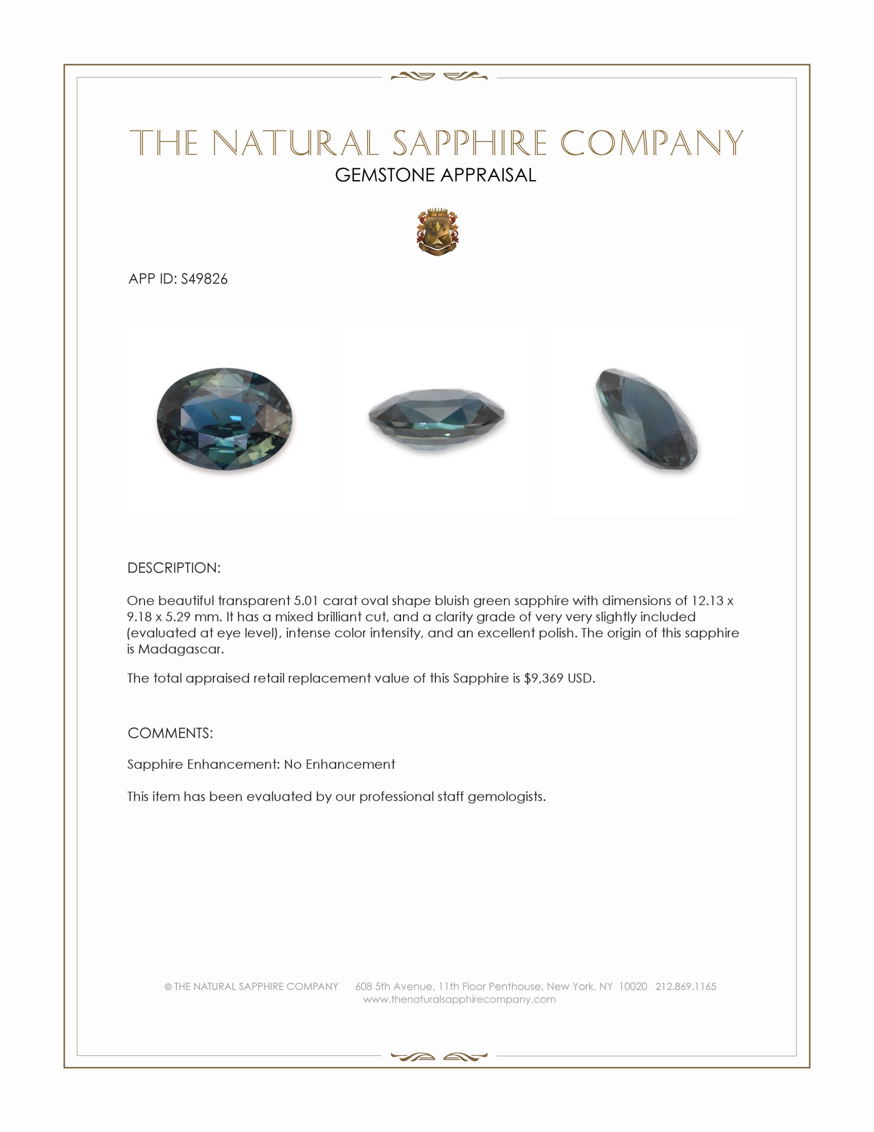 5.01 Ct. Bluish Green Sapphire from Madagascar