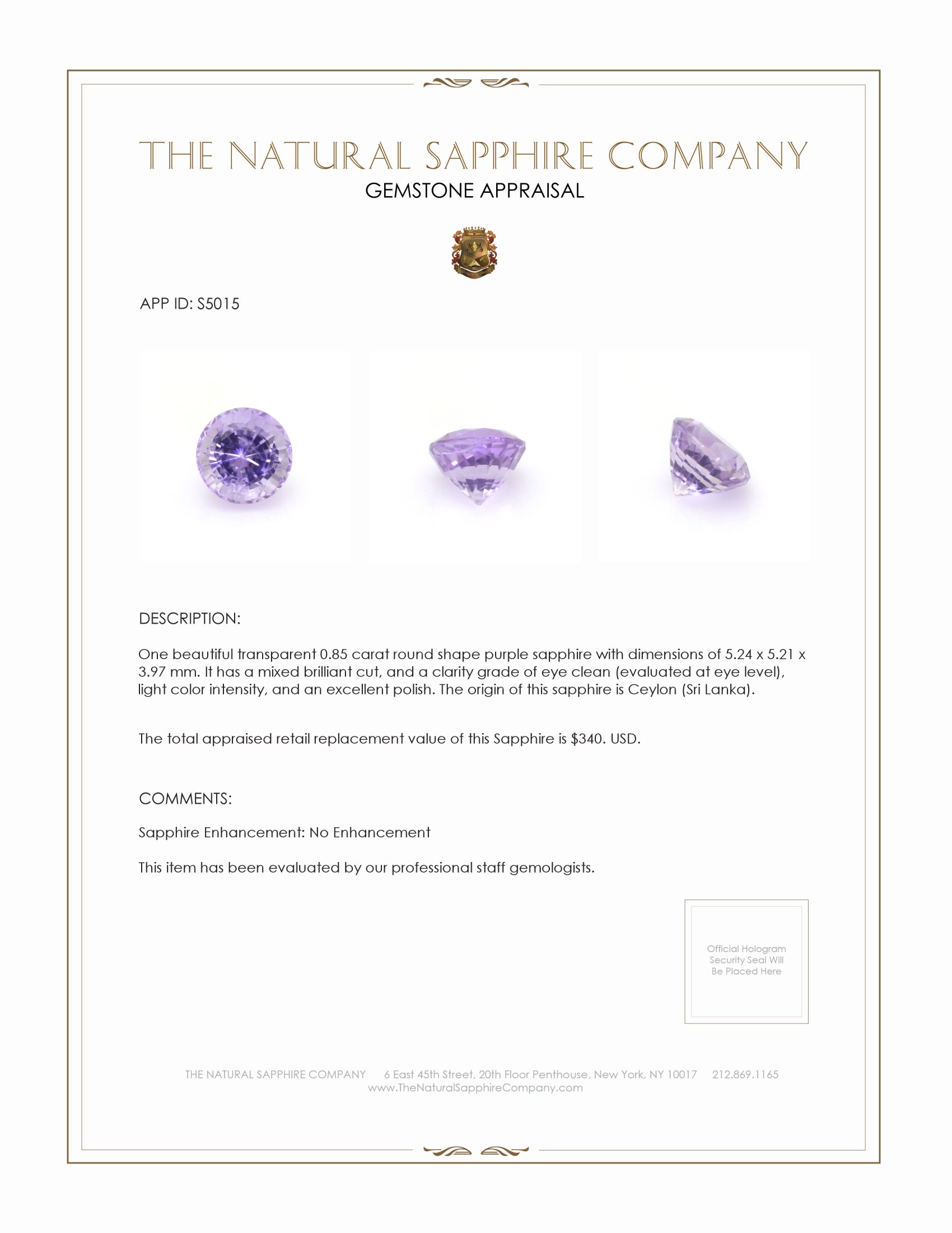 0.85 Ct. Purple Sapphire from Ceylon (Sri Lanka)