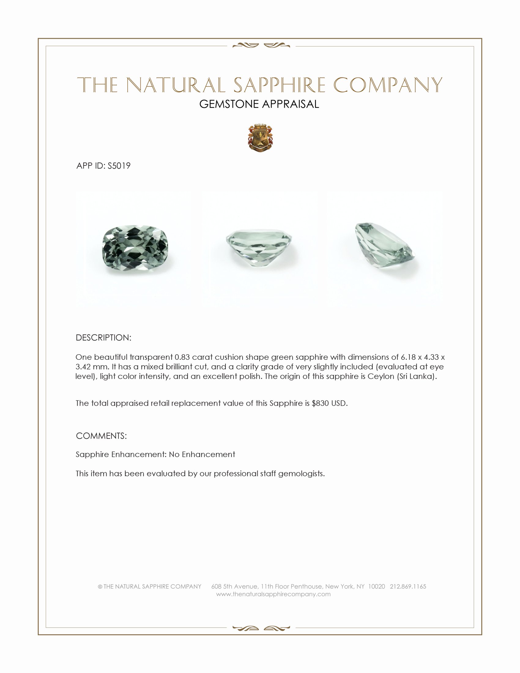 0.83 Ct. Green Sapphire from Ceylon (Sri Lanka)