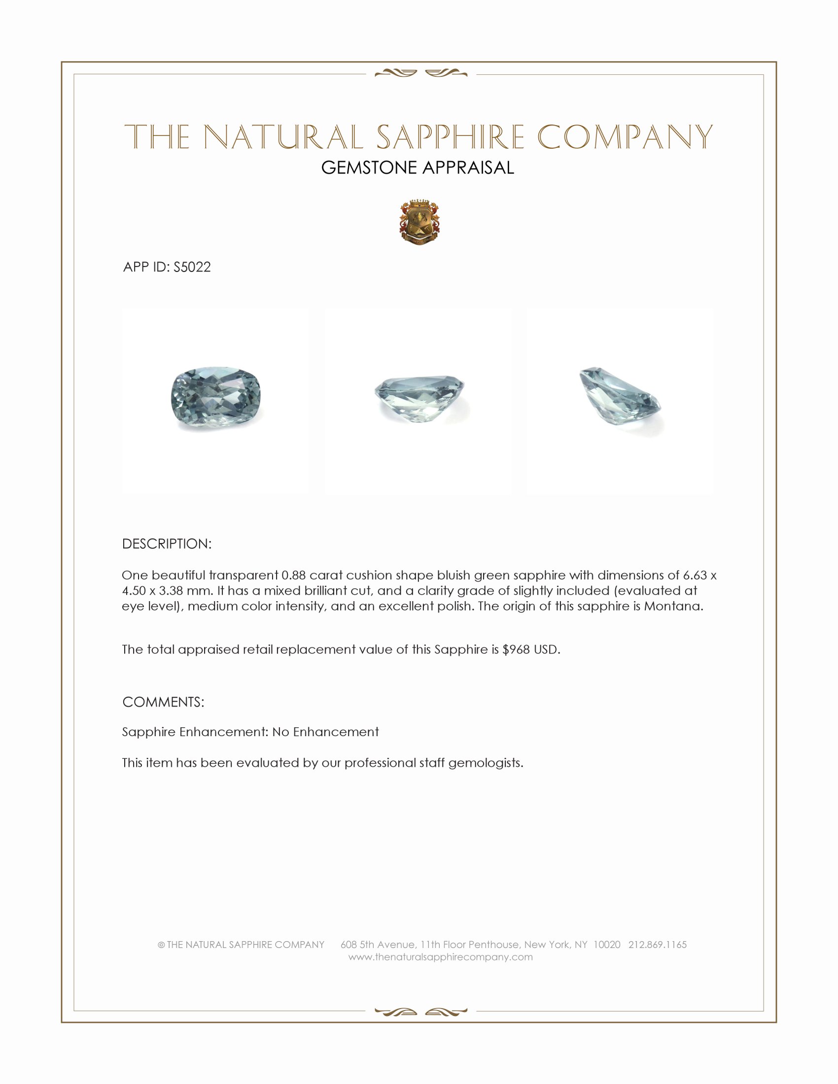 0.88 Ct. Bluish Green Sapphire from Montana