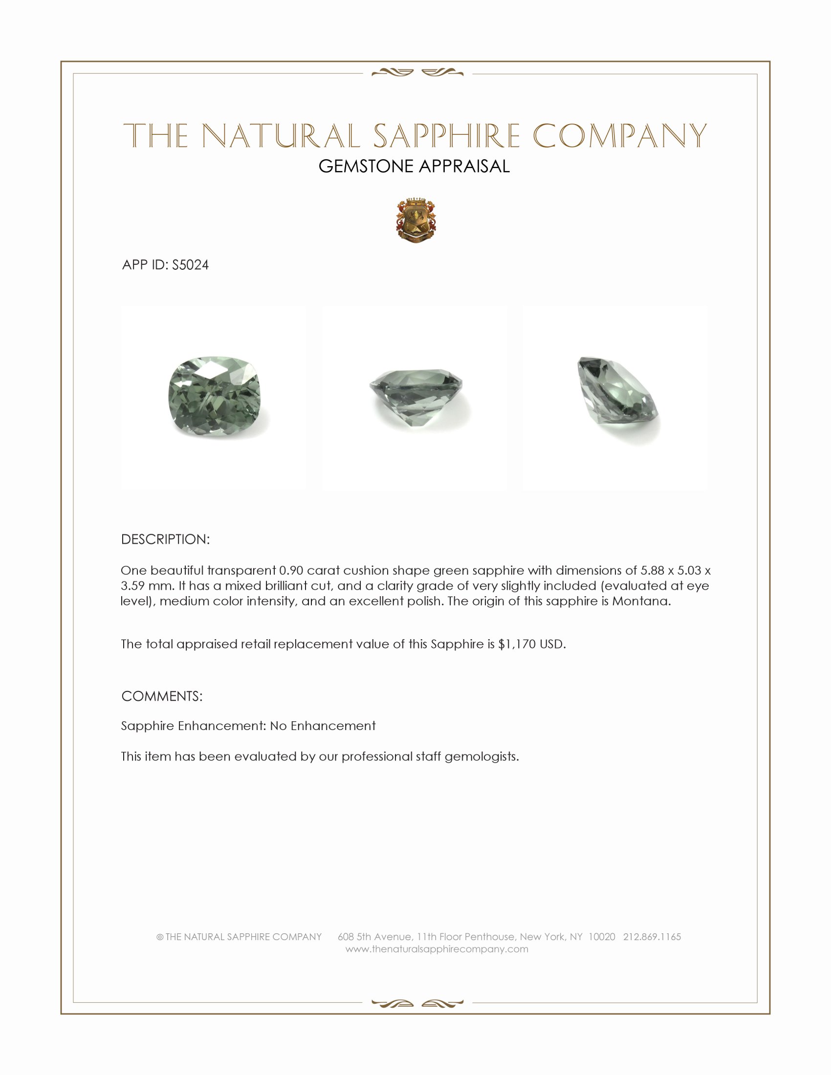 0.90 Ct. Green Sapphire from Montana