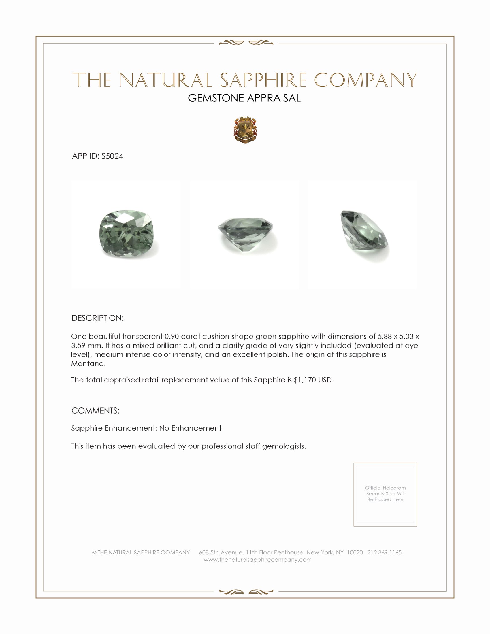 0.90 Ct. Green Sapphire from Montana