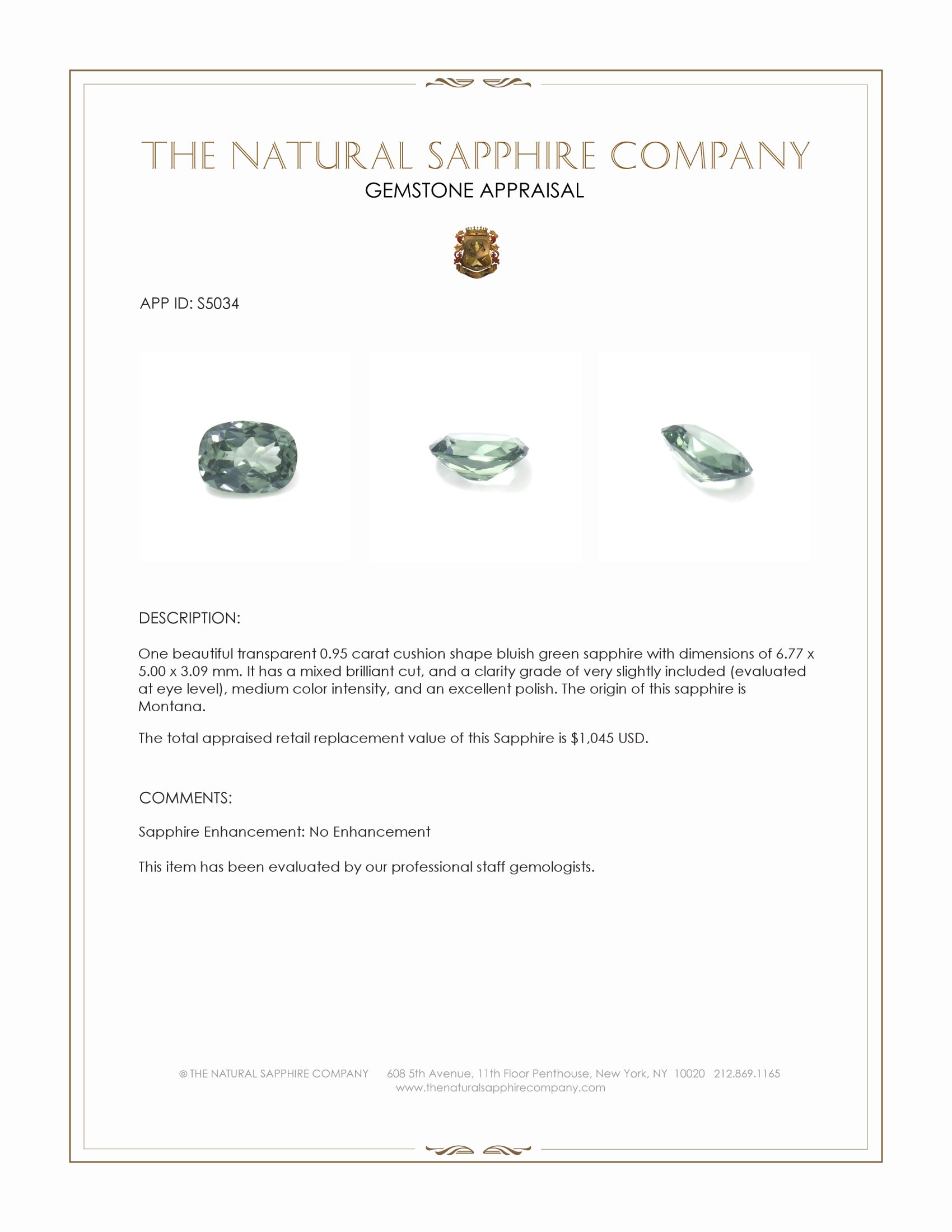 0.95 Ct. Bluish Green Sapphire from Montana