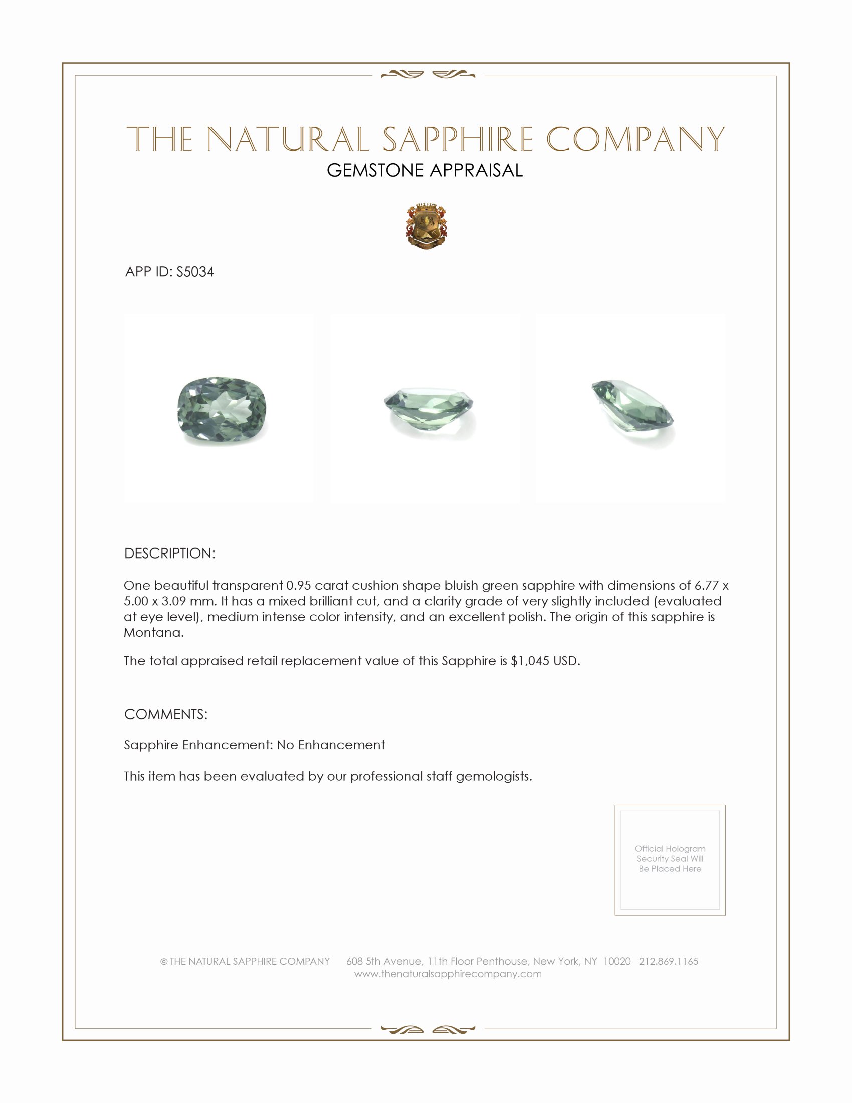 0.95 Ct. Bluish Green Sapphire from Montana