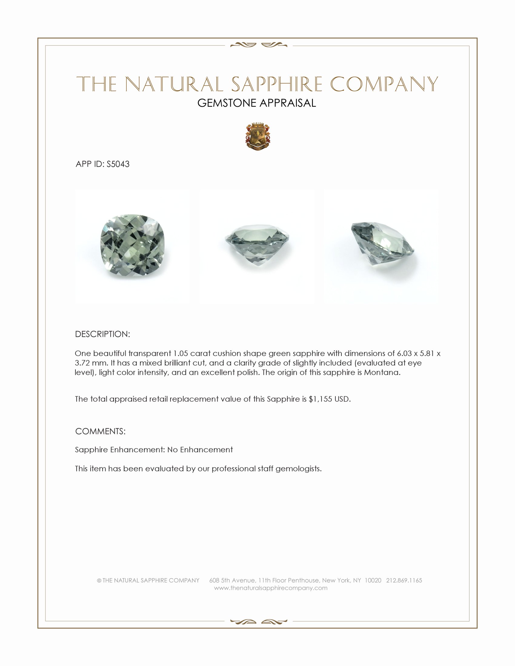 1.05 Ct. Green Sapphire from Montana