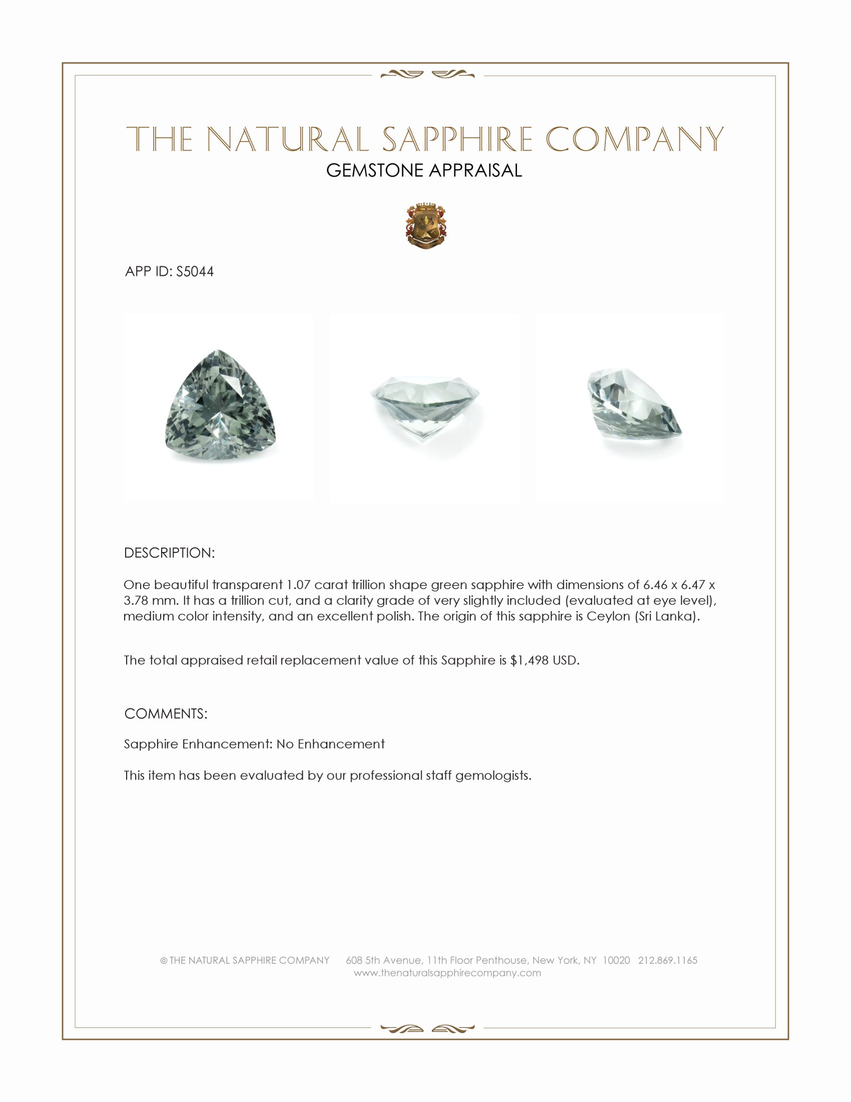 1.07 Ct. Green Sapphire from Ceylon (Sri Lanka)