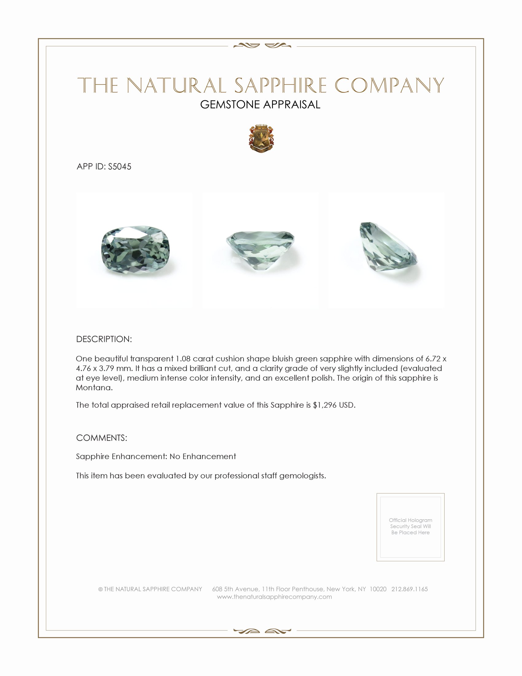 1.08 Ct. Bluish Green Sapphire from Montana