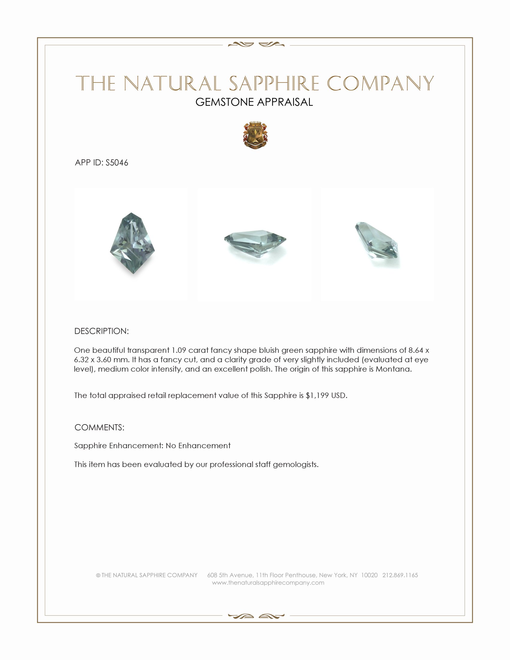1.09 Ct. Bluish Green Sapphire from Montana