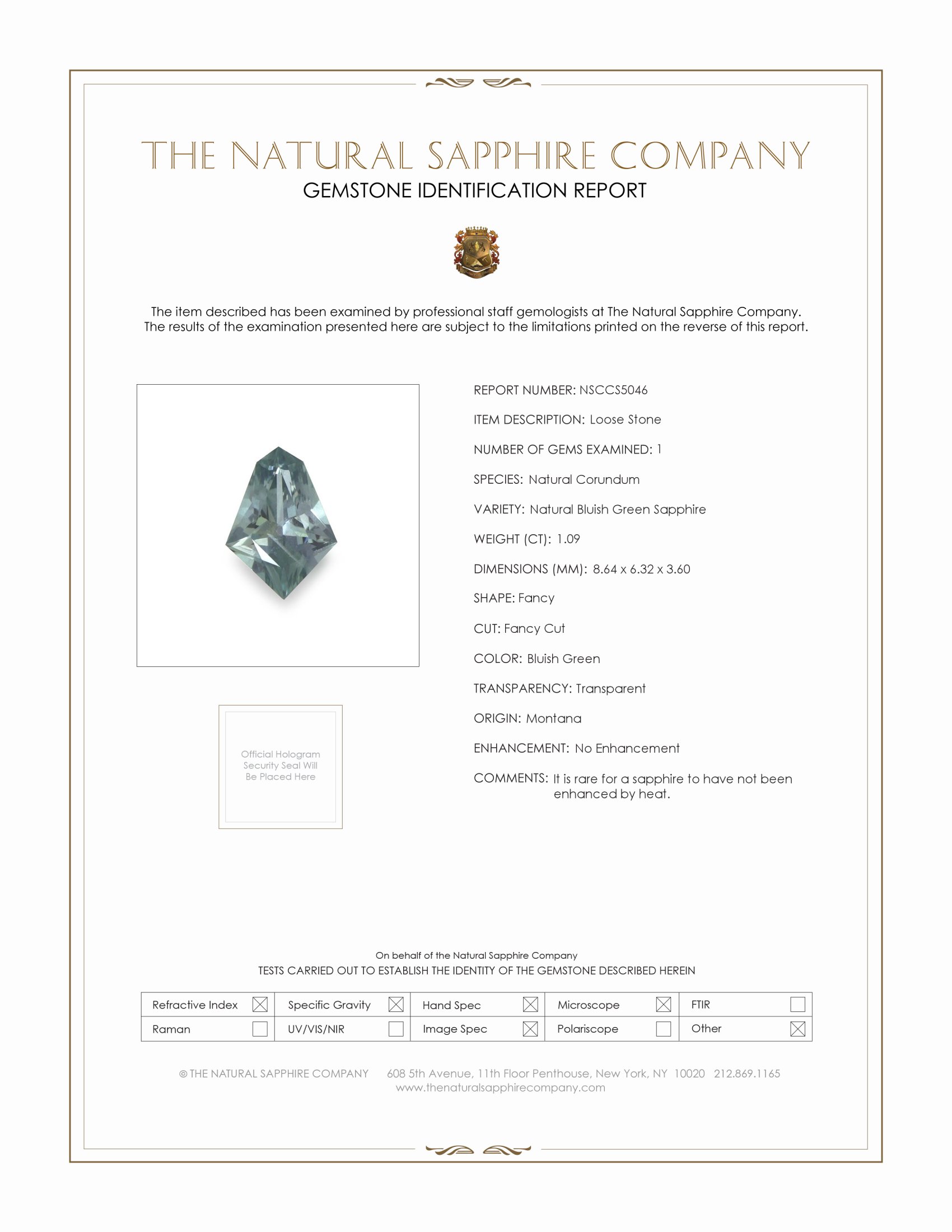1.09 Ct. Bluish Green Sapphire from Montana