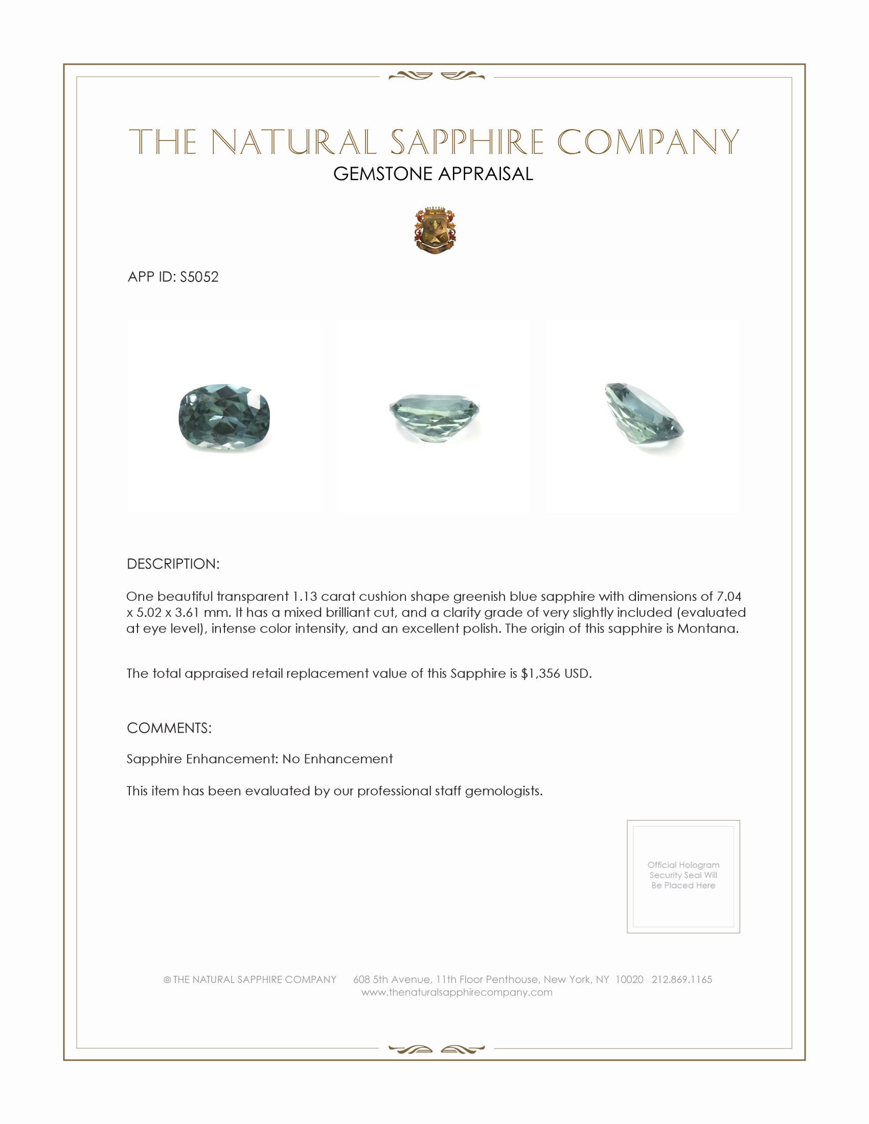 1.13 Ct. Bluish Green Sapphire from Montana