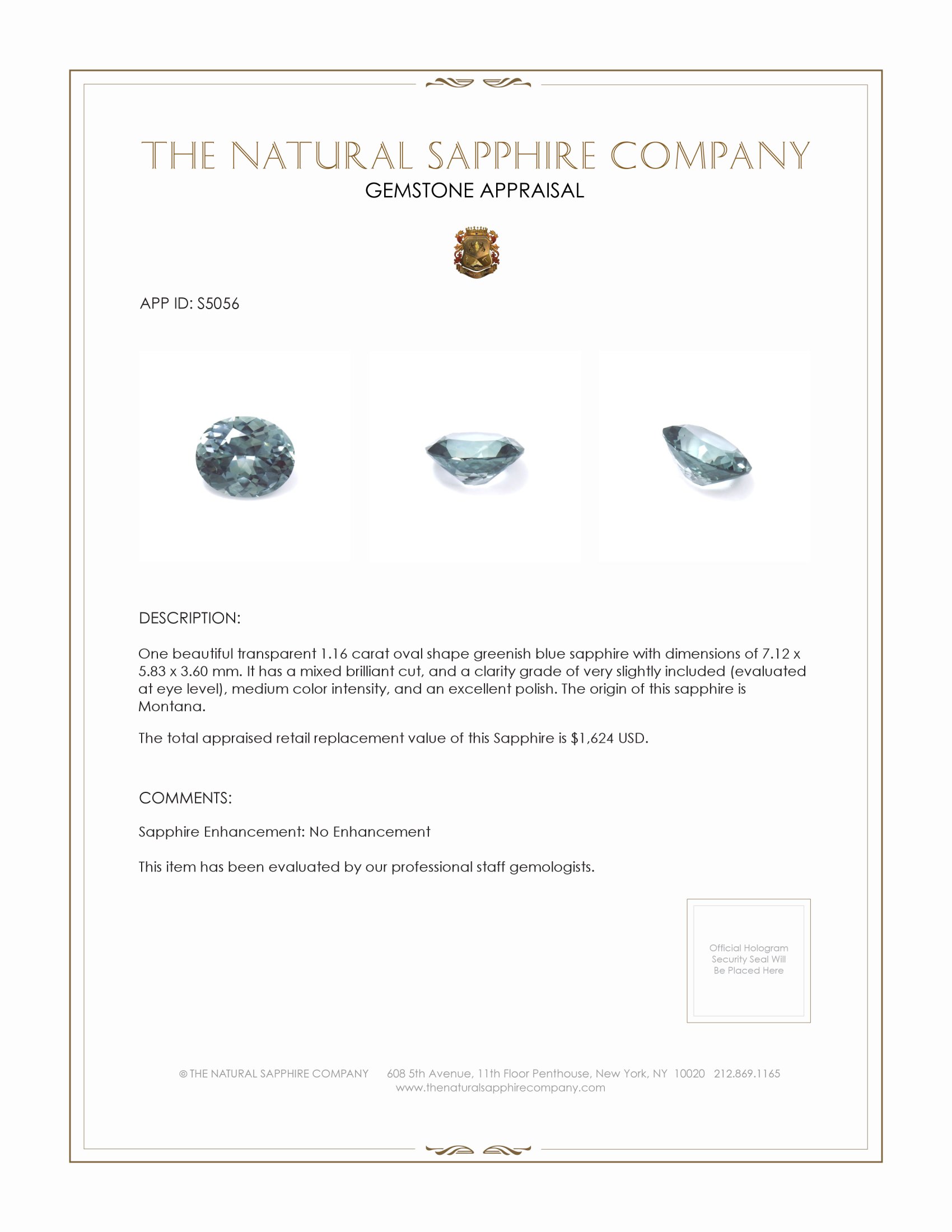 1.16 Ct. Greenish Blue Sapphire from Montana