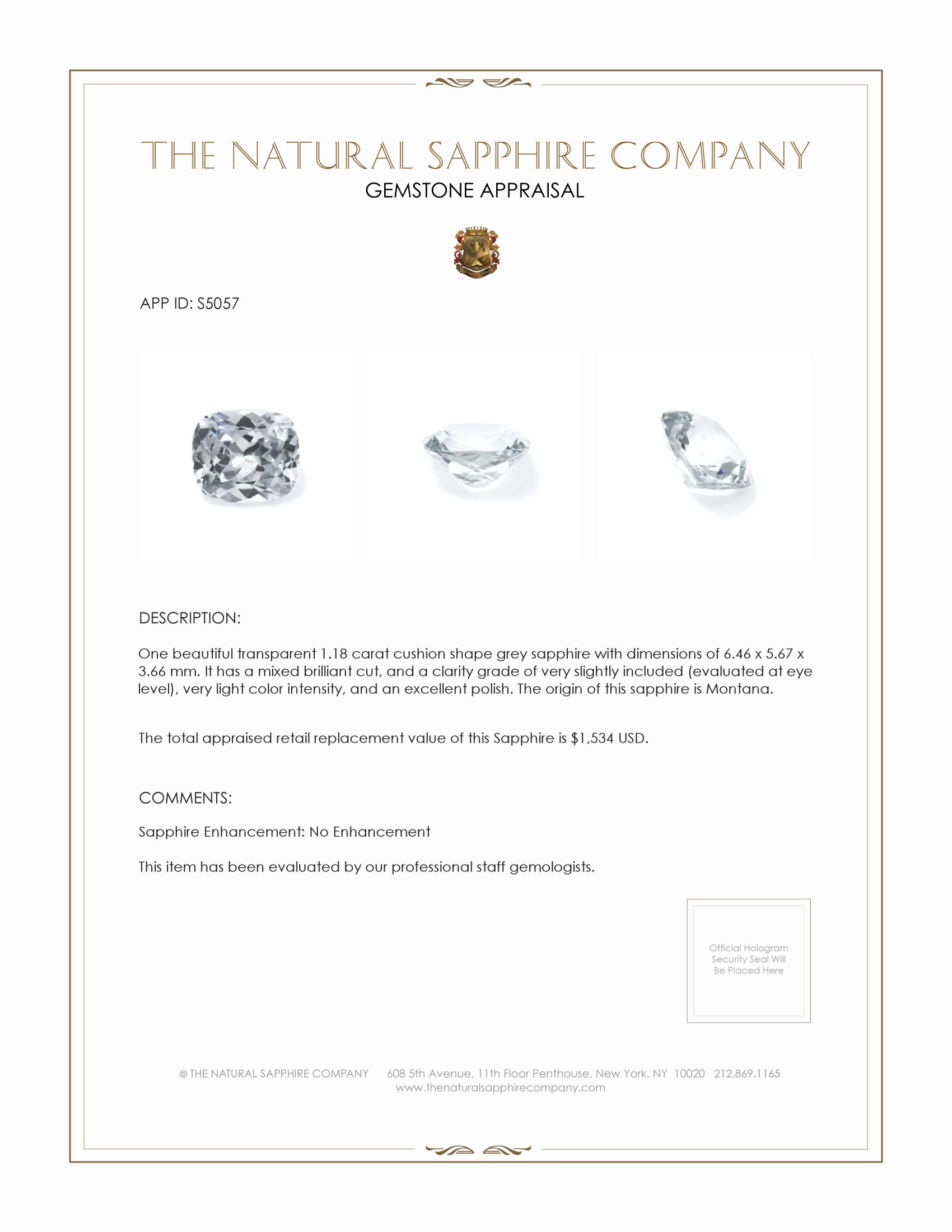 1.18 Ct. Grey Sapphire from Montana