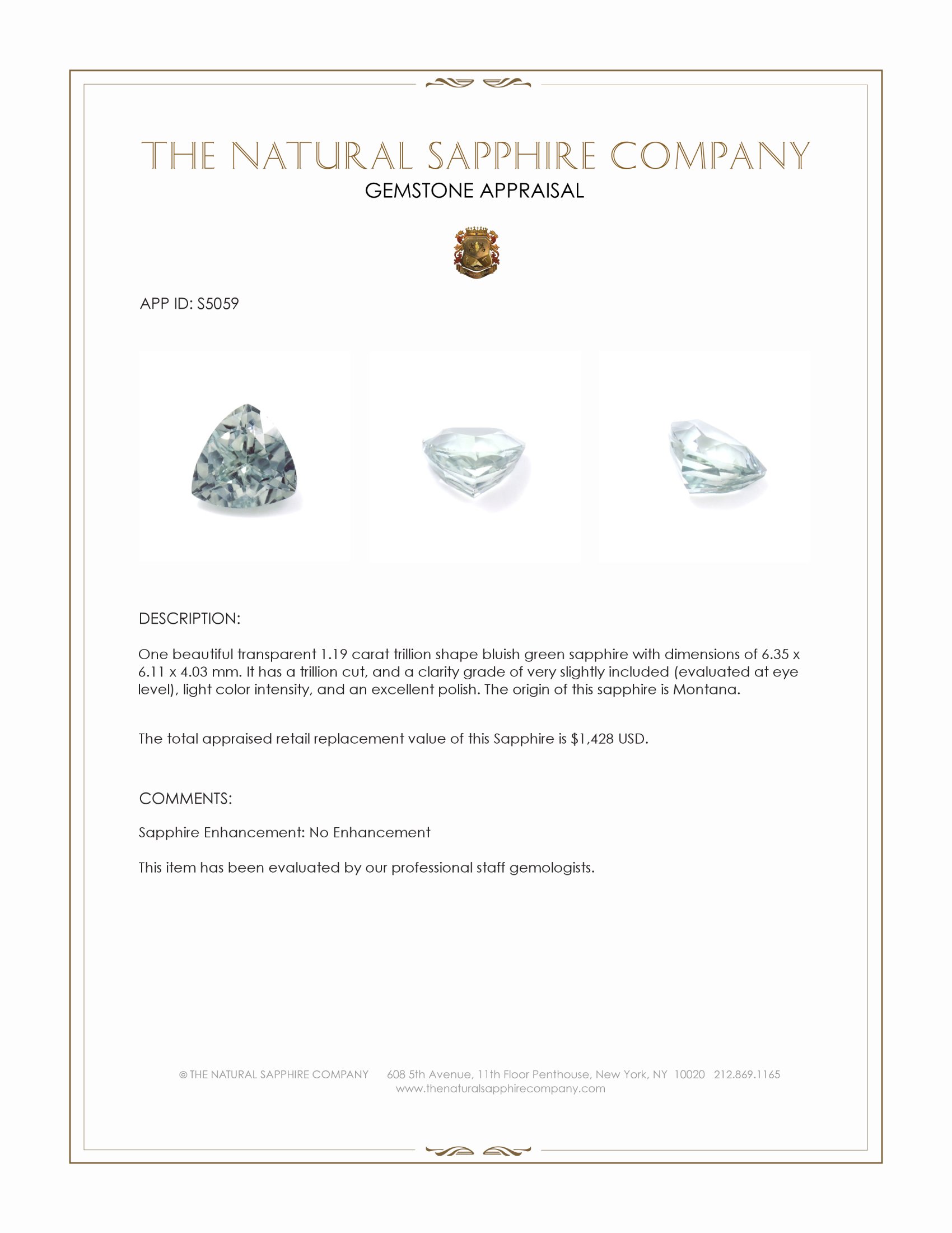 1.19 Ct. Bluish Green Sapphire from Montana