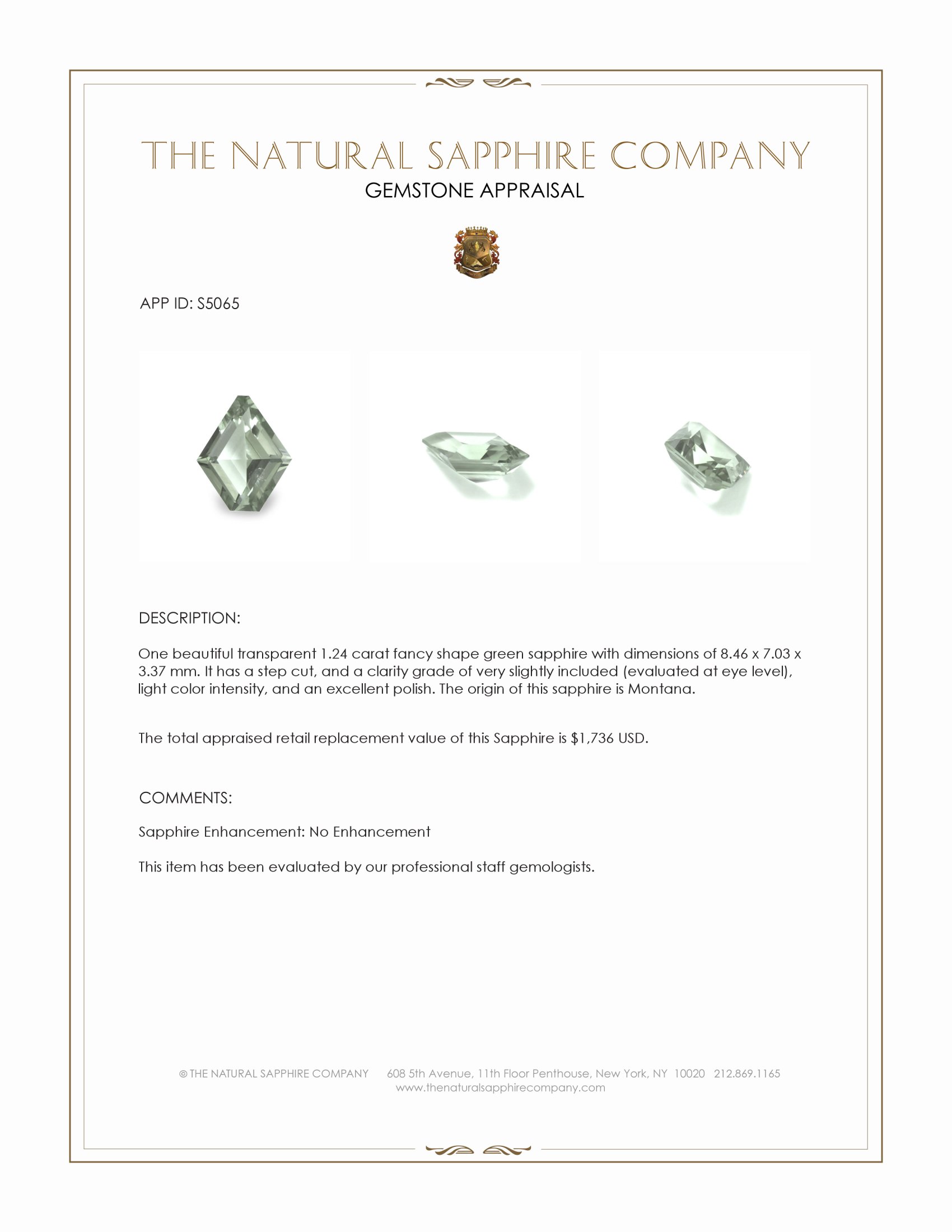 1.24 Ct. Green Sapphire from Montana
