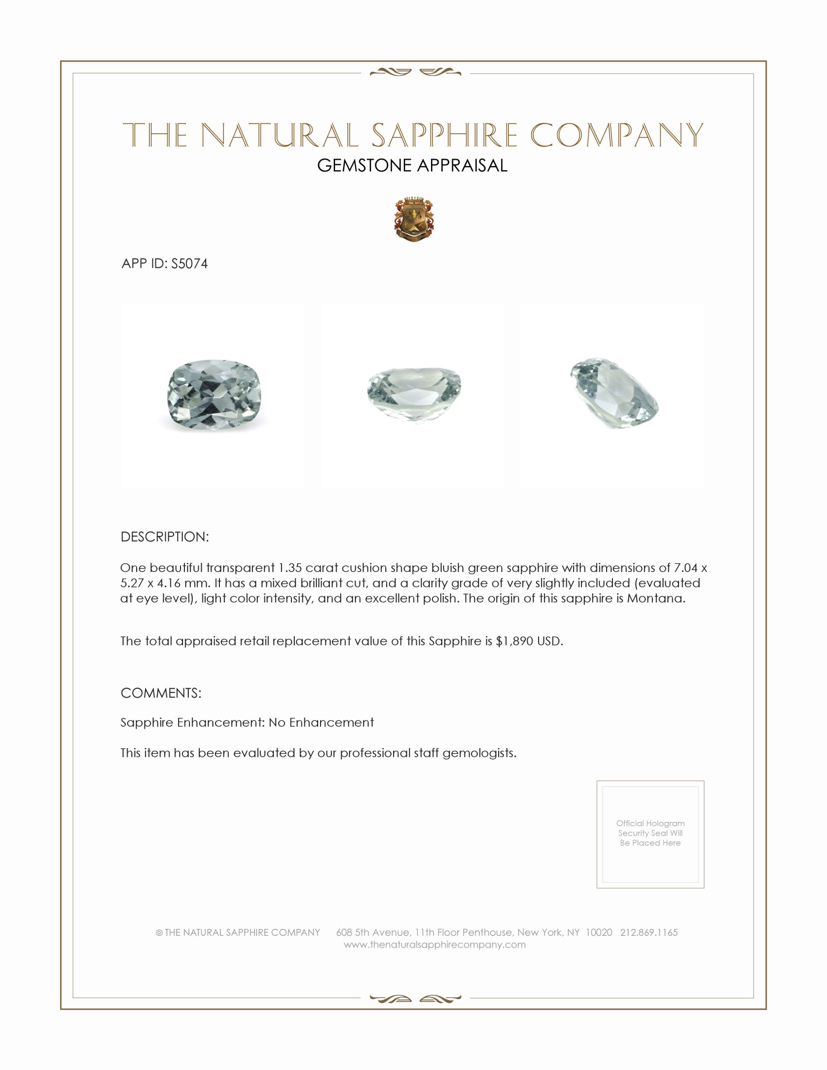 1.35 Ct. Bluish Green Sapphire from Montana