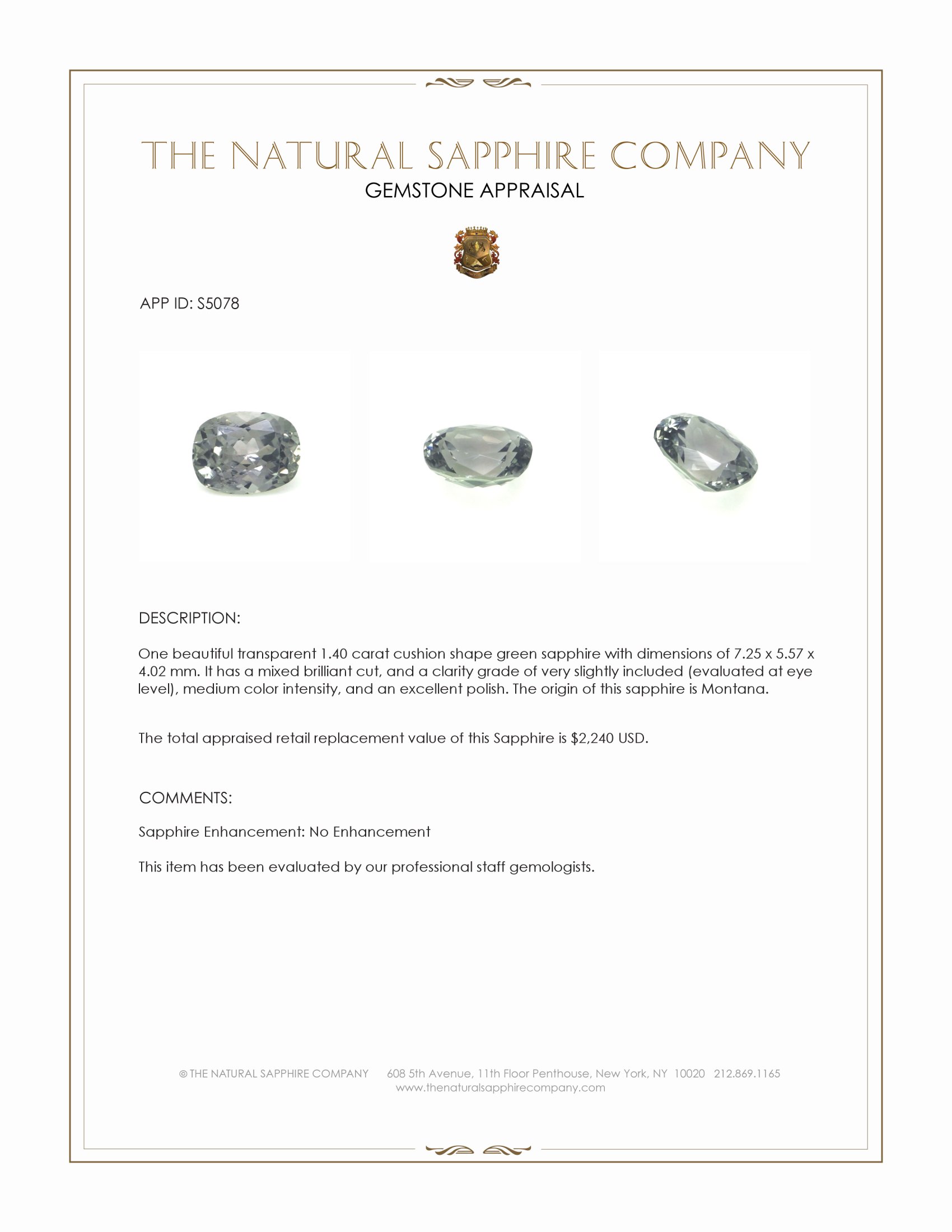 1.40 Ct. Green Sapphire from Montana
