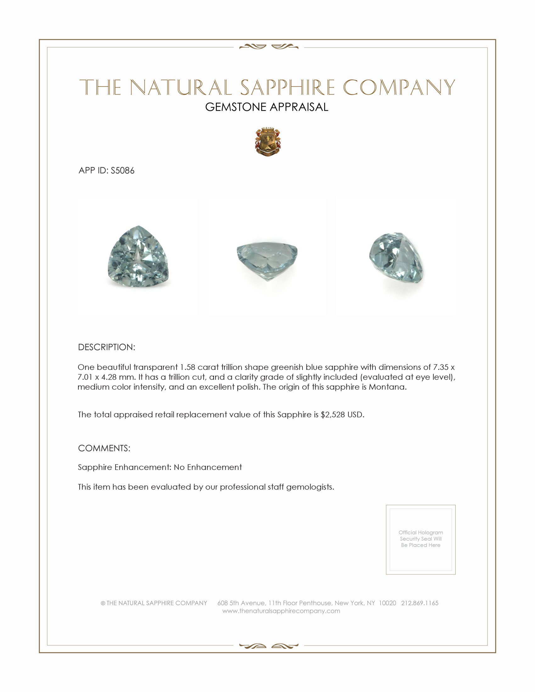1.58 Ct. Greenish Blue Sapphire from Montana